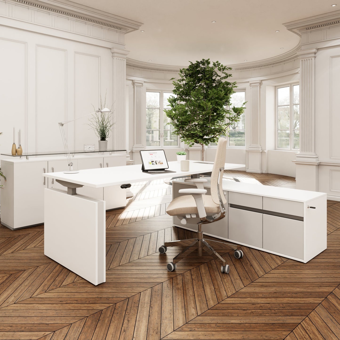 MOTION Bureau à 2 moteurs avec buffet | Réglable à hauteur électrique, 2000 x 1800 mm, blanc