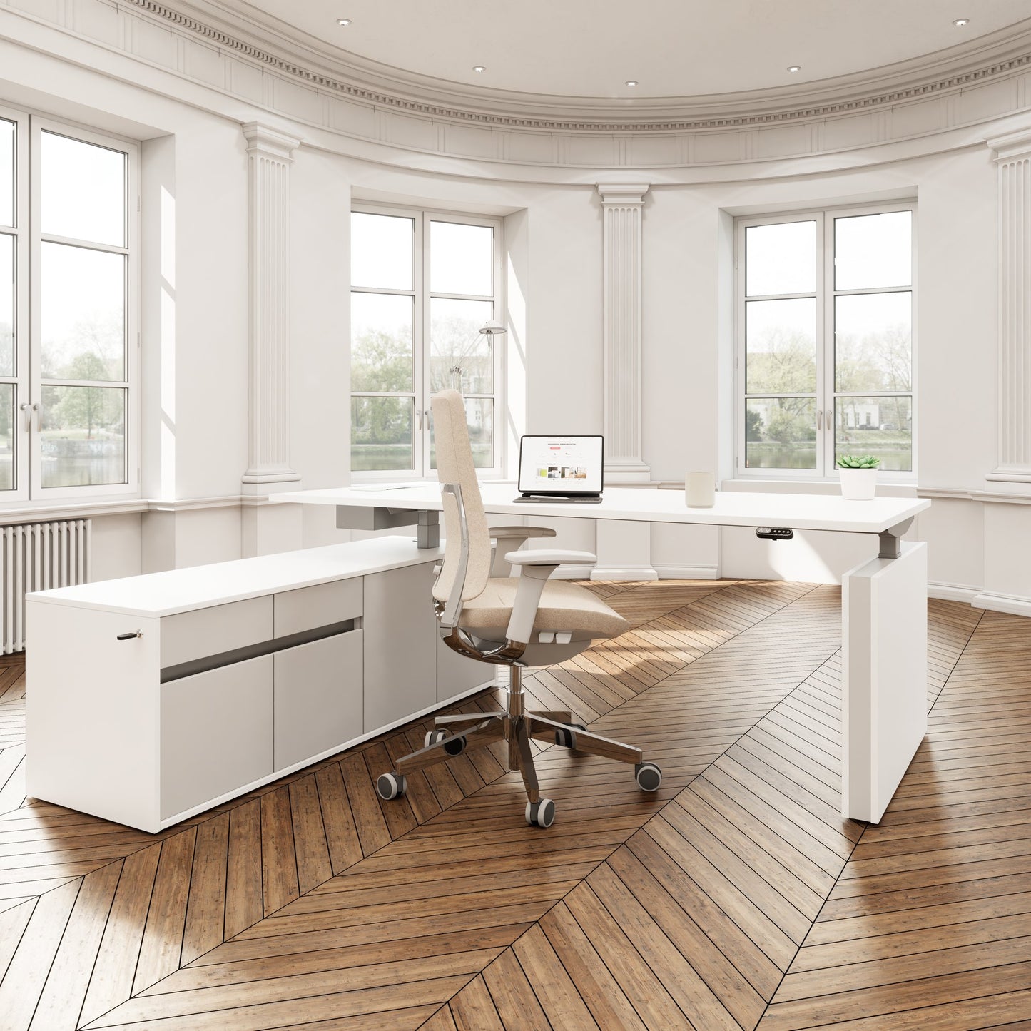 MOTION Desk a 2 motori con sideboard | Regolabile elettricamente in altezza, 2000 x 1800 mm, bianco