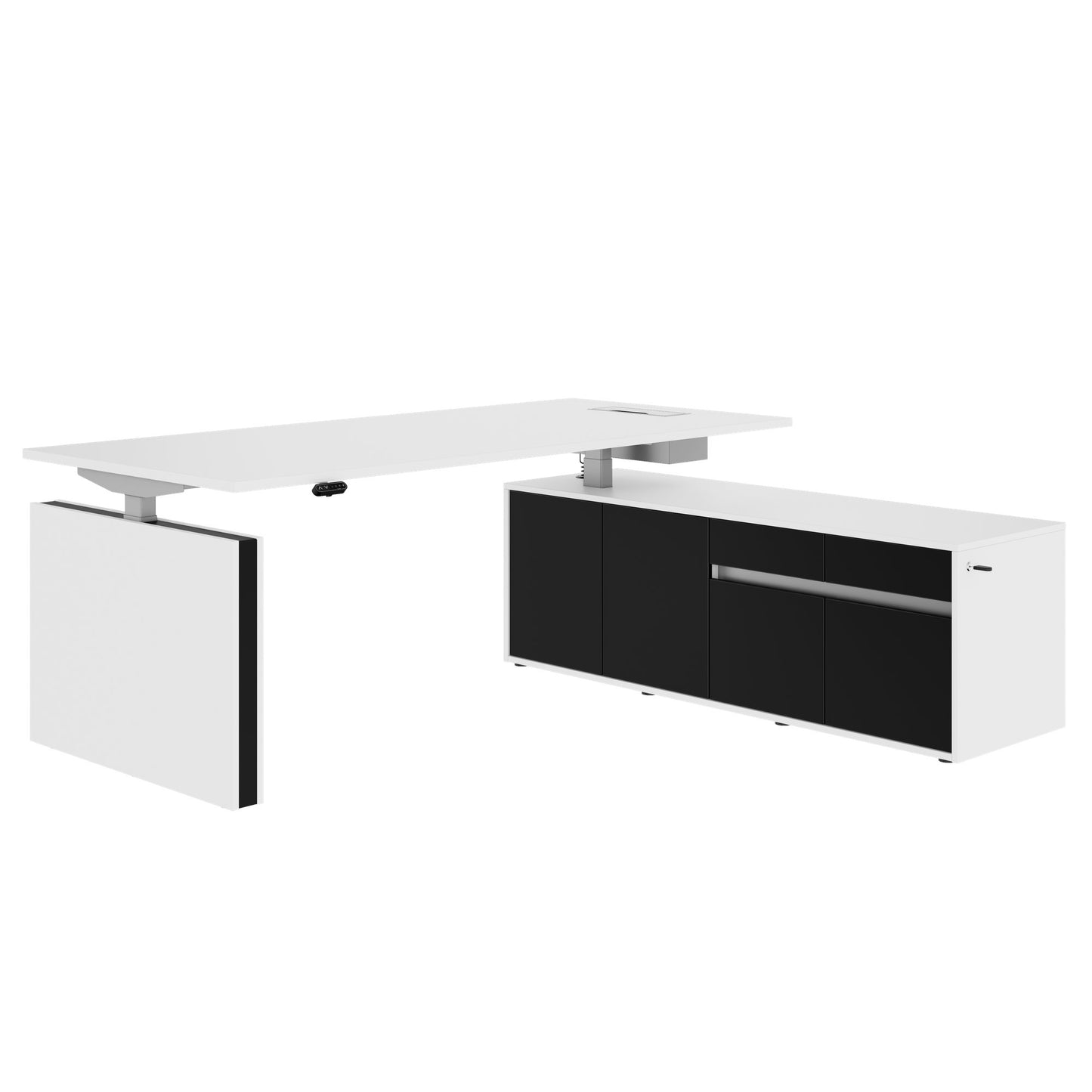 MOTION Desk a 2 motori con sideboard | Regolabile elettricamente in altezza, 2000 x 1800 mm, bianco