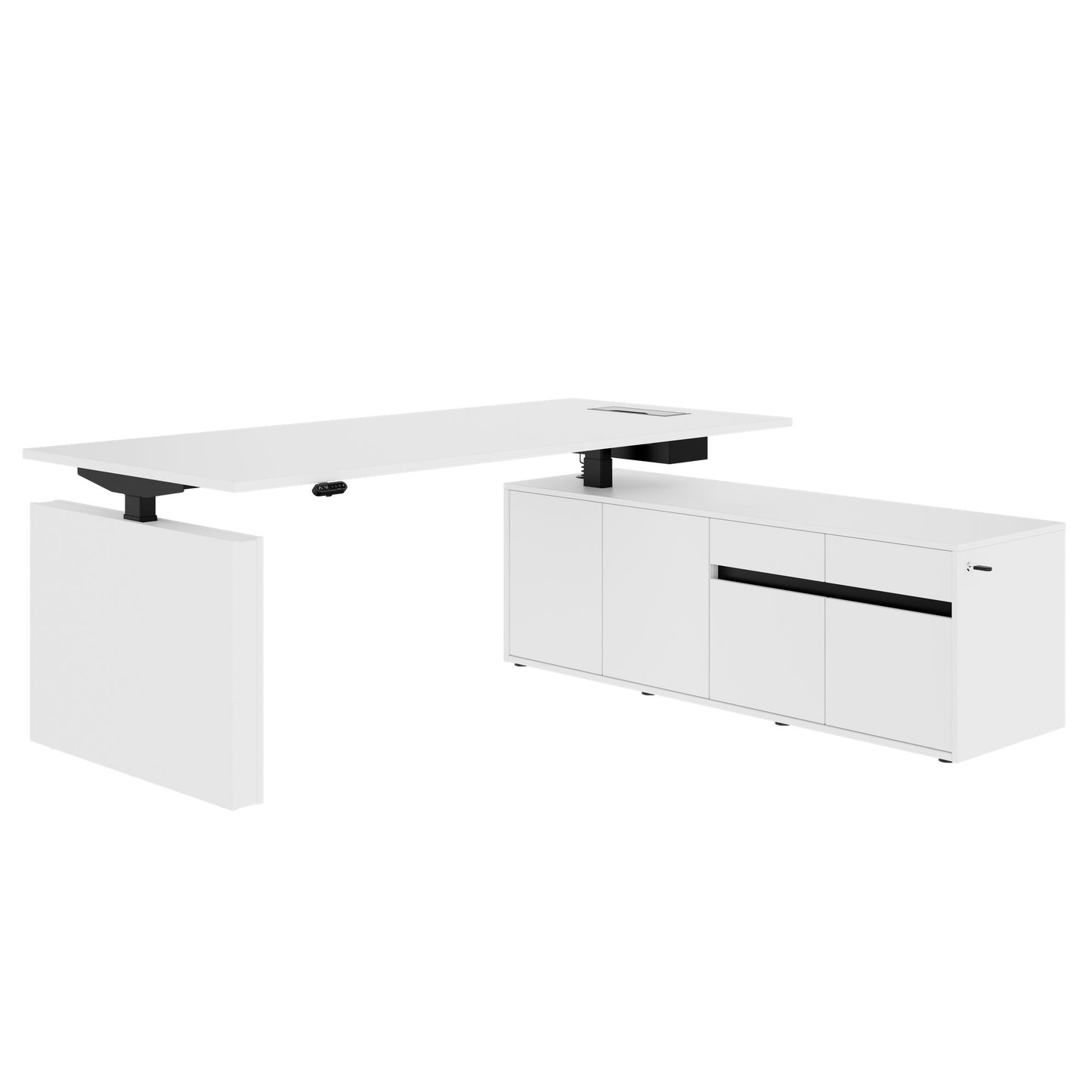 MOTION Desk a 2 motori con sideboard | Regolabile elettricamente in altezza, 2000 x 1800 mm, bianco