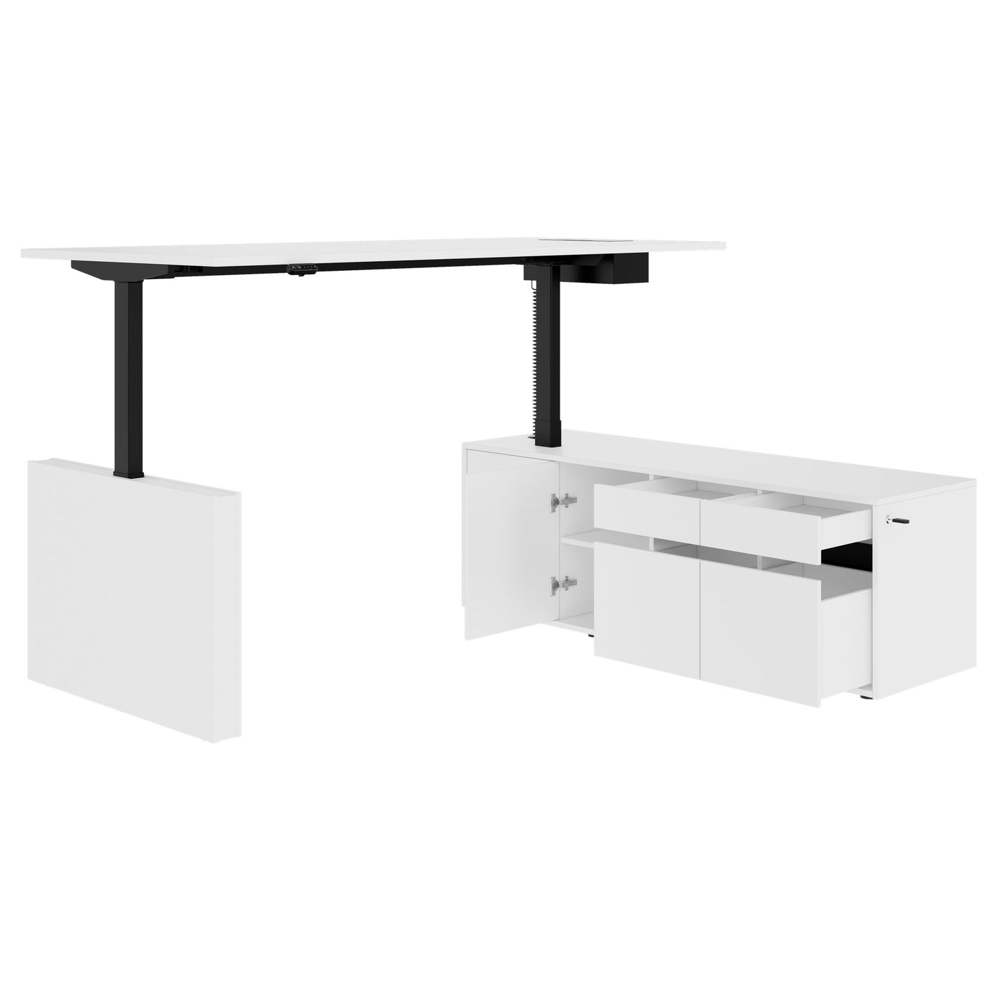 MOTION Desk a 2 motori con sideboard | Regolabile elettricamente in altezza, 2000 x 1800 mm, bianco