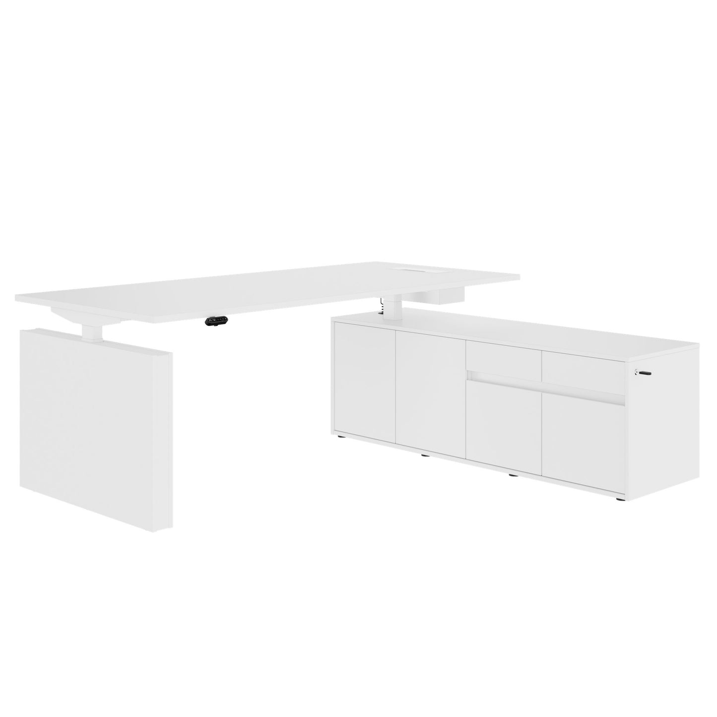 MOTION Desk a 2 motori con sideboard | Regolabile elettricamente in altezza, 2000 x 1800 mm, bianco