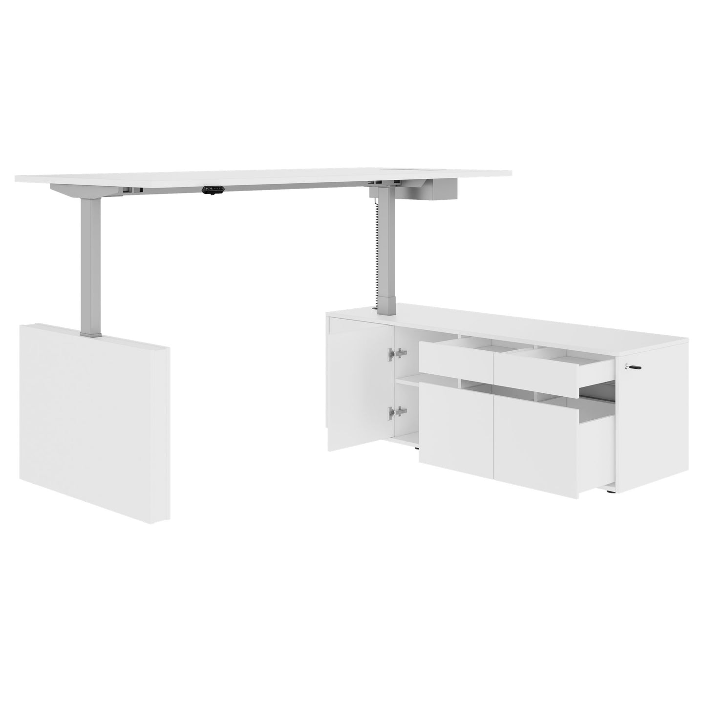MOTION Desk a 2 motori con sideboard | Regolabile elettricamente in altezza, 2000 x 1800 mm, bianco