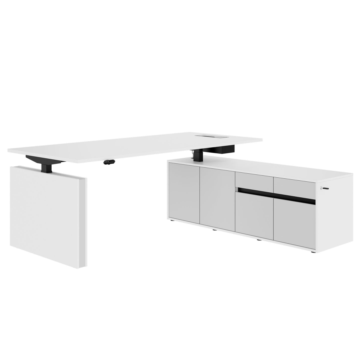 MOTION Desk a 2 motori con sideboard | Regolabile elettricamente in altezza, 2000 x 1800 mm, bianco