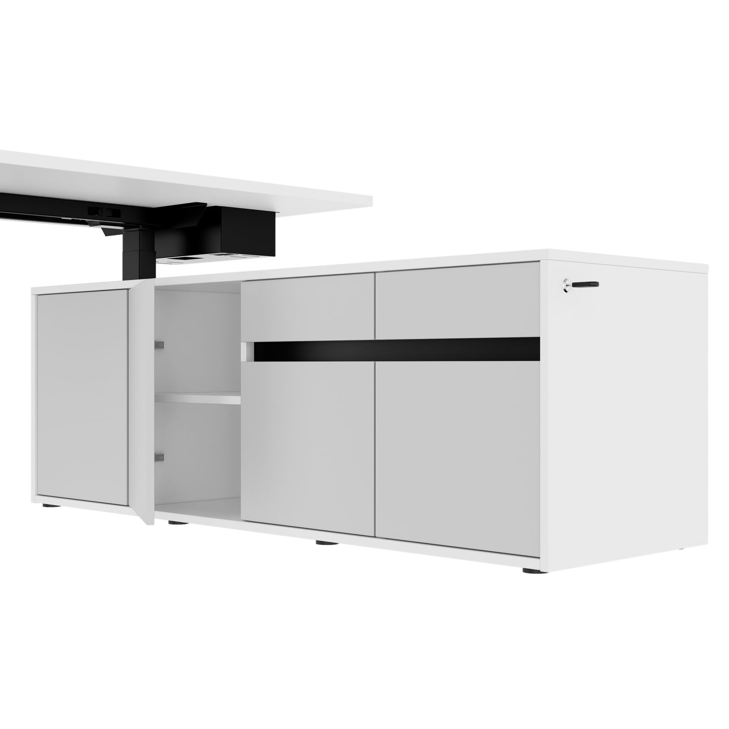 MOTION Desk a 2 motori con sideboard | Regolabile elettricamente in altezza, 2000 x 1800 mm, bianco