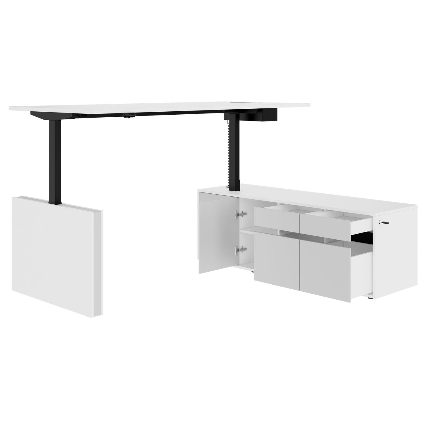 MOTION Desk a 2 motori con sideboard | Regolabile elettricamente in altezza, 2000 x 1800 mm, bianco