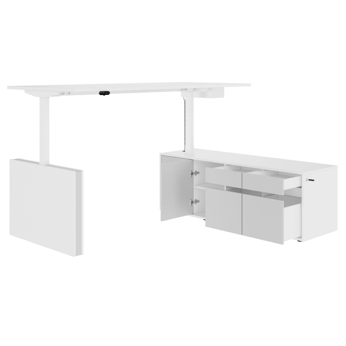 MOTION Desk a 2 motori con sideboard | Regolabile elettricamente in altezza, 2000 x 1800 mm, bianco