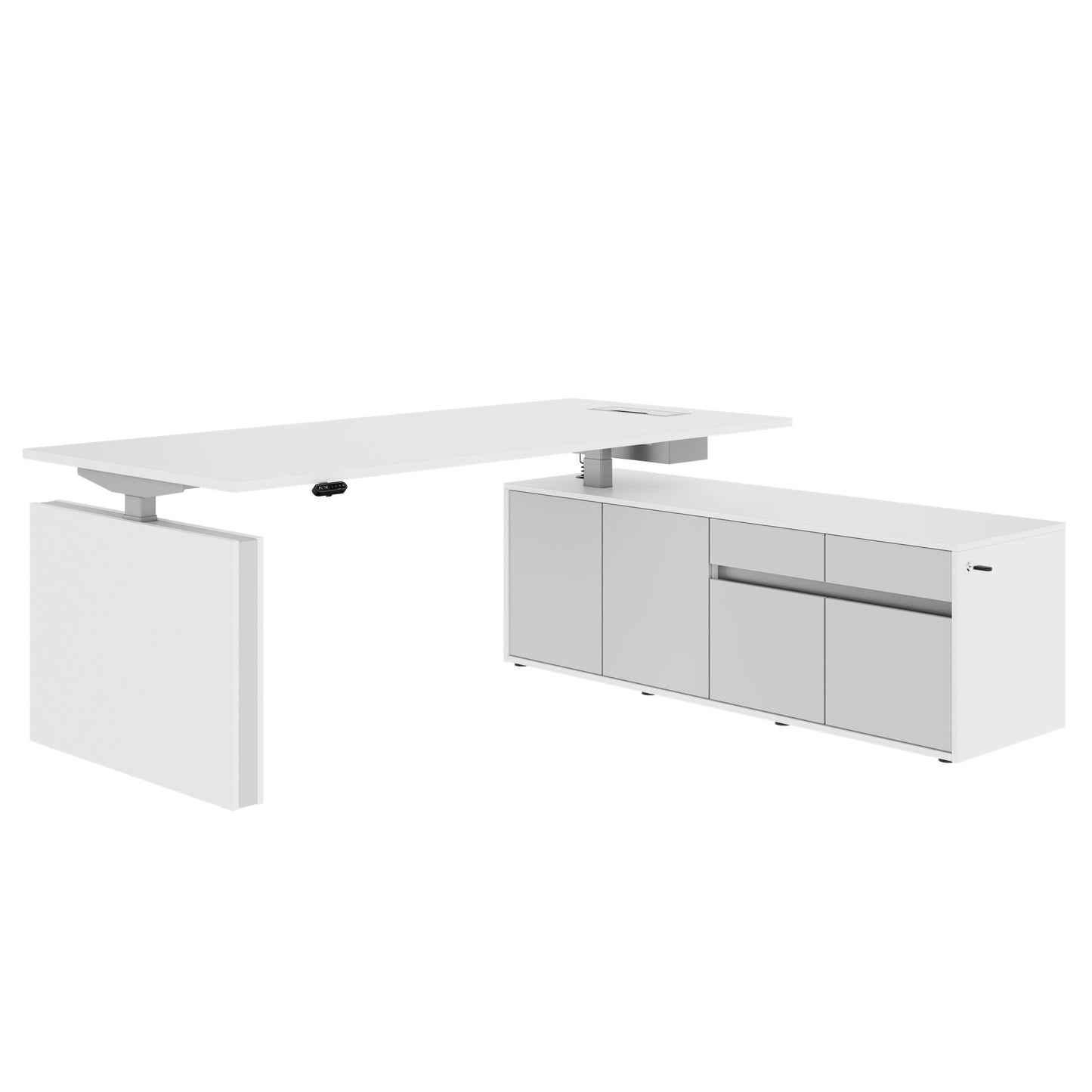 MOTION Desk a 2 motori con sideboard | Regolabile elettricamente in altezza, 2000 x 1800 mm, bianco