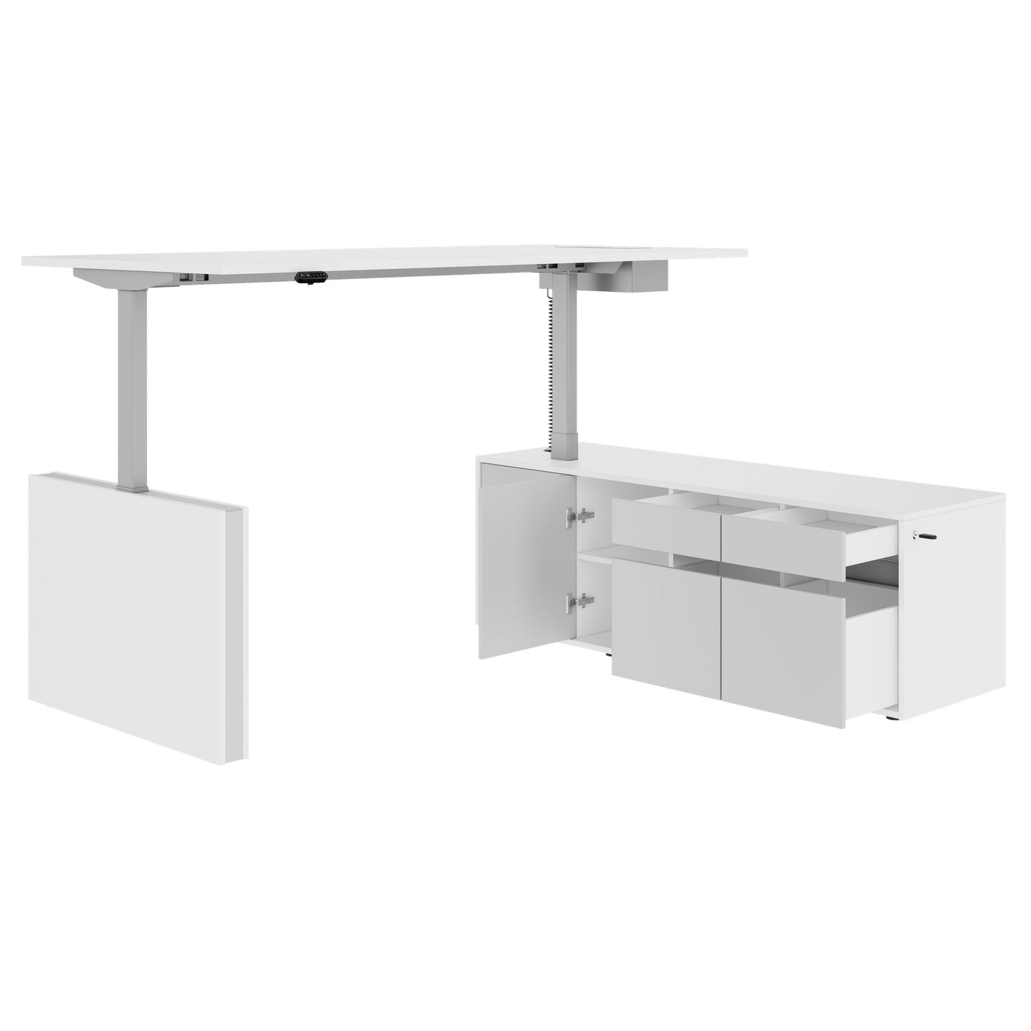 MOTION Desk a 2 motori con sideboard | Regolabile elettricamente in altezza, 2000 x 1800 mm, bianco
