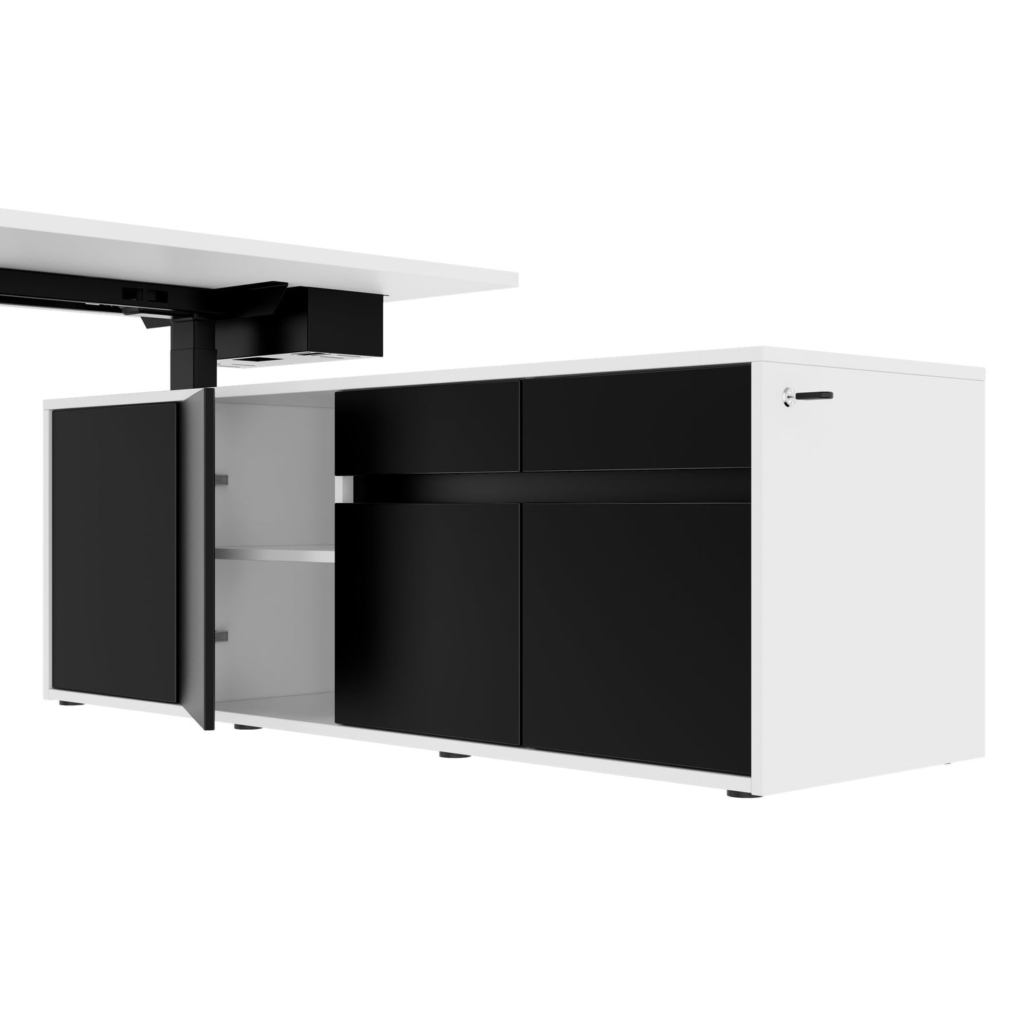 MOTION Desk a 2 motori con sideboard | Regolabile elettricamente in altezza, 2000 x 1800 mm, bianco