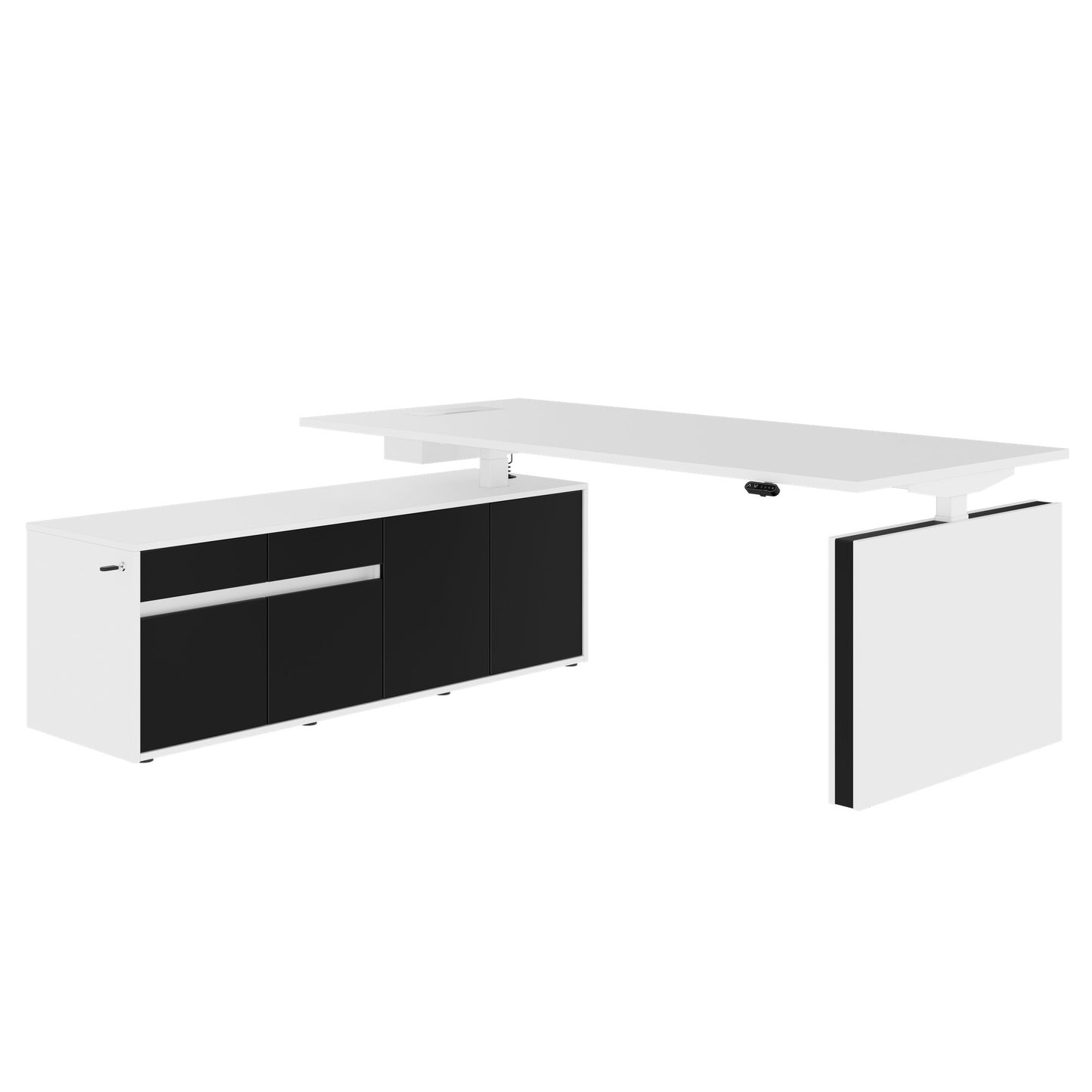 MOTION Desk a 2 motori con sideboard | Regolabile elettricamente in altezza, 2000 x 1800 mm, bianco