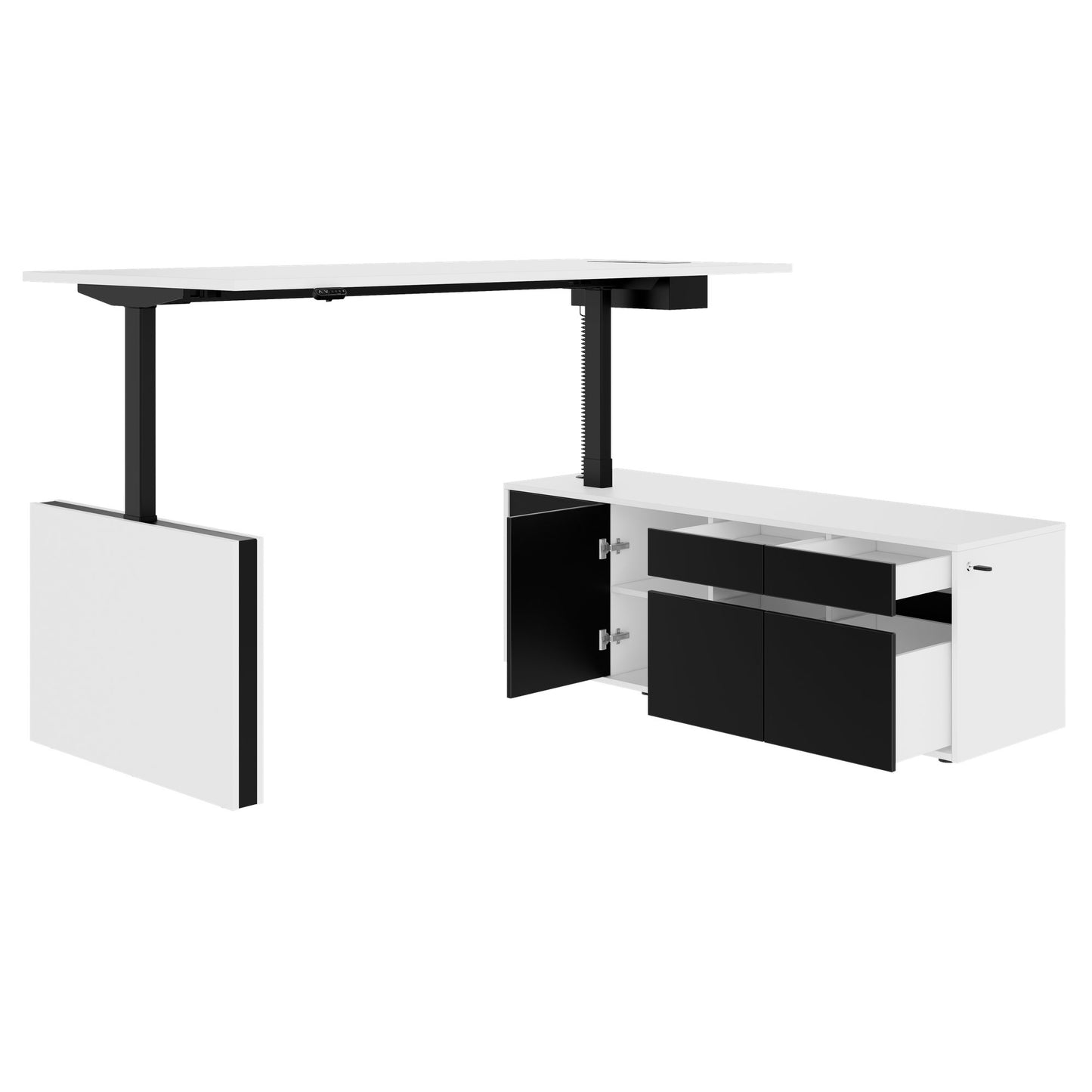 MOTION Desk a 2 motori con sideboard | Regolabile elettricamente in altezza, 2000 x 1800 mm, bianco