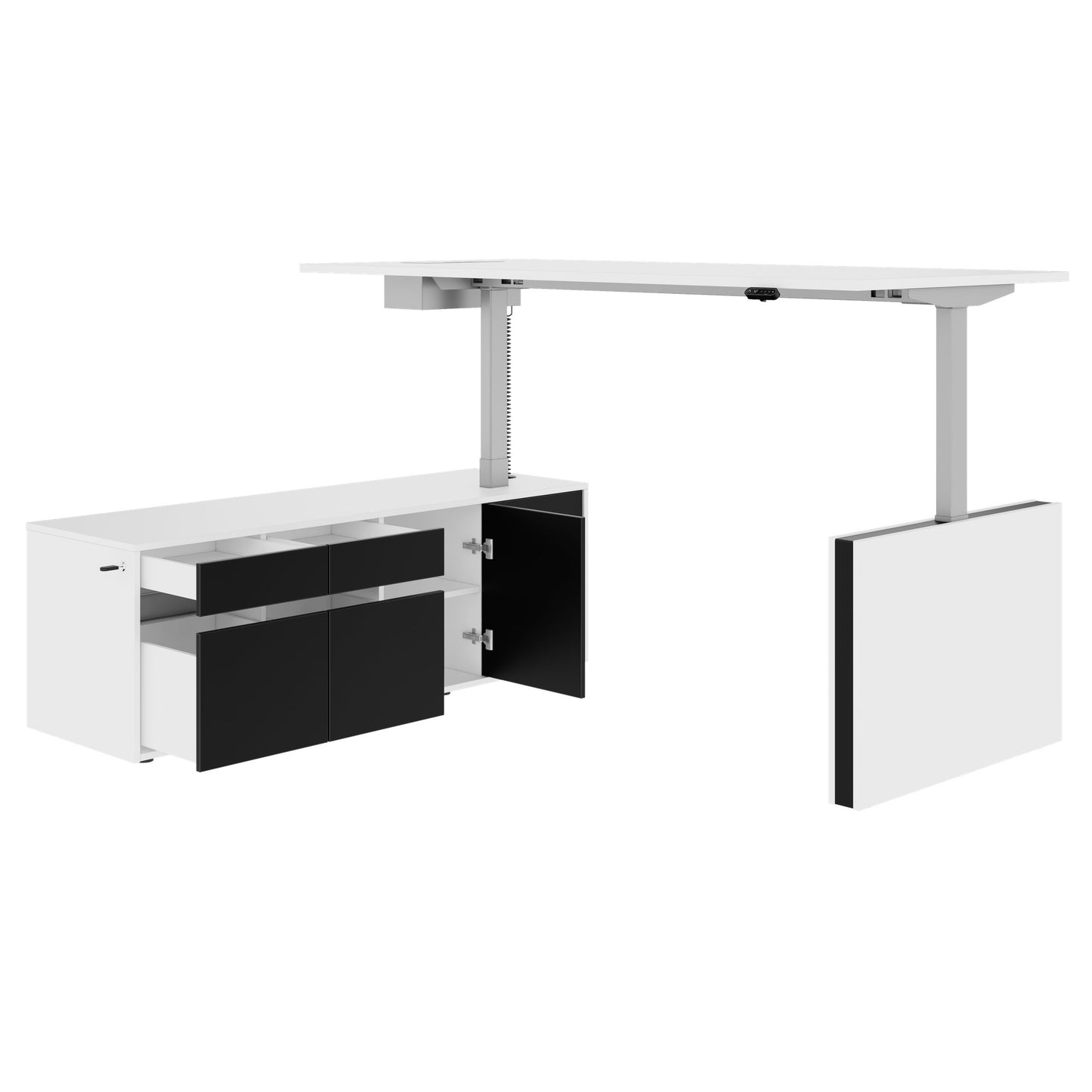 MOTION Desk a 2 motori con sideboard | Regolabile elettricamente in altezza, 2000 x 1800 mm, bianco