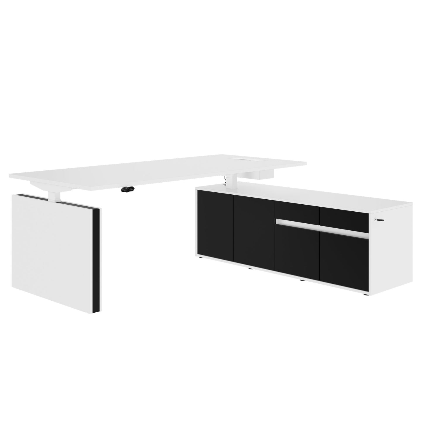 MOTION Desk a 2 motori con sideboard | Regolabile elettricamente in altezza, 2000 x 1800 mm, bianco