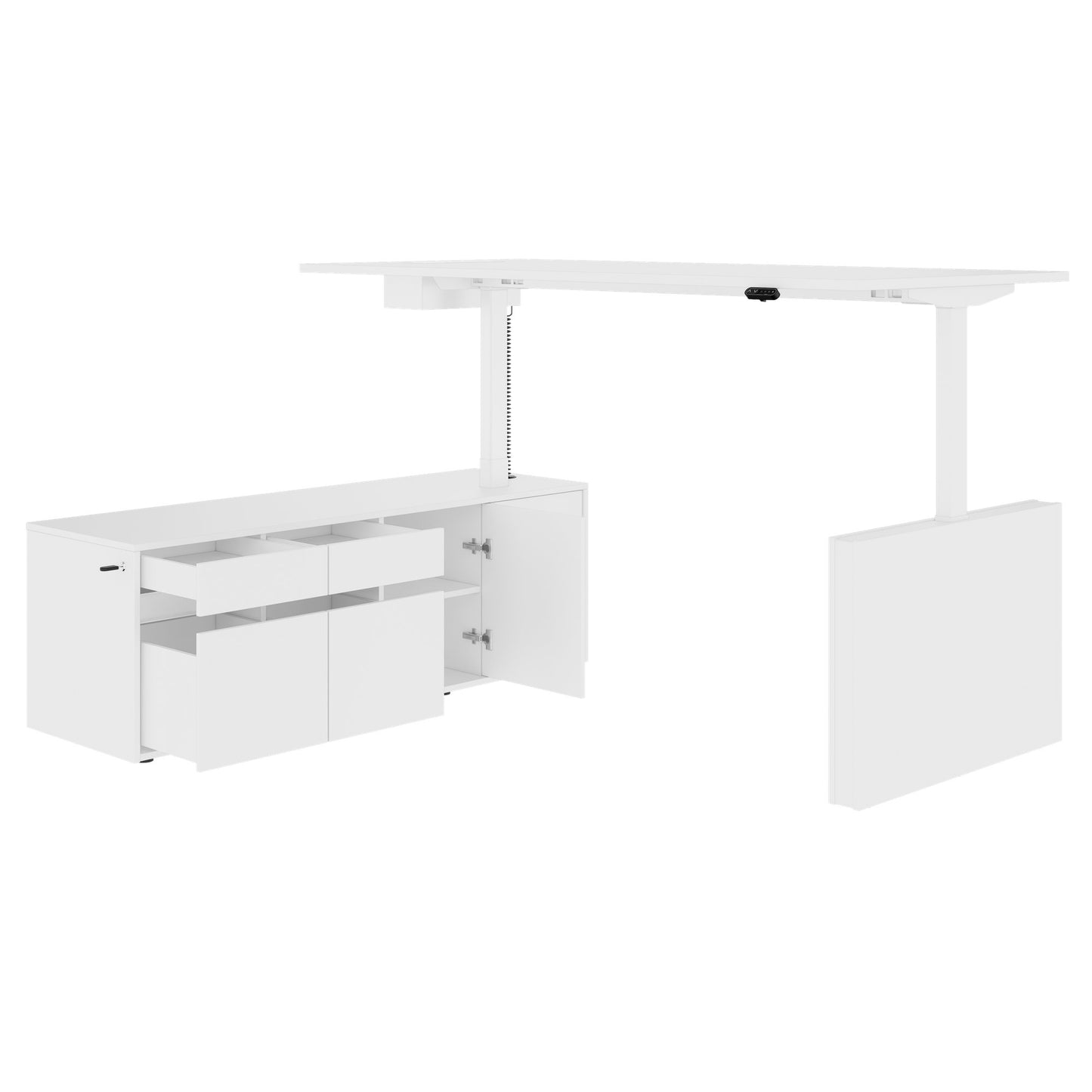 MOTION Desk a 2 motori con sideboard | Regolabile elettricamente in altezza, 2000 x 1800 mm, bianco