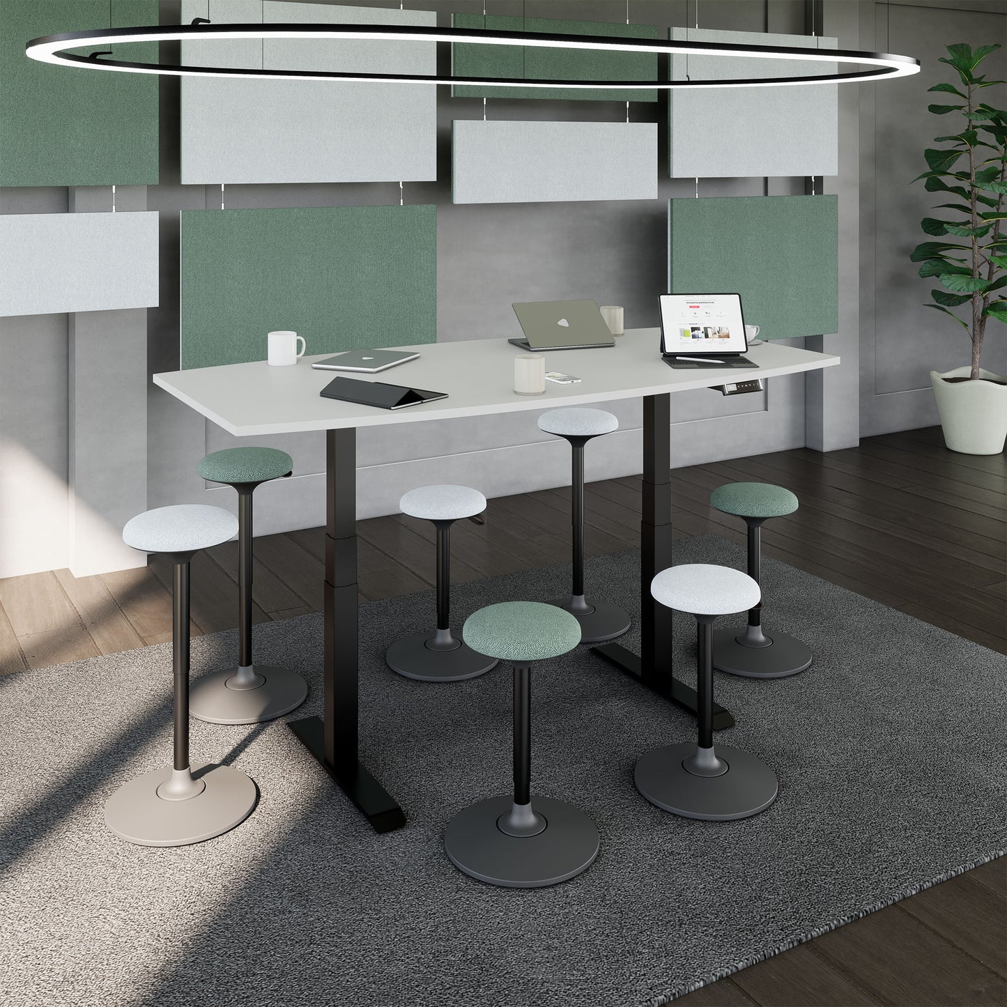 DRIVE 2-motor conference table | Boat shape, 1800 - 2000 mm (6 - 8 people), electrically height-adjustable, pearl gray