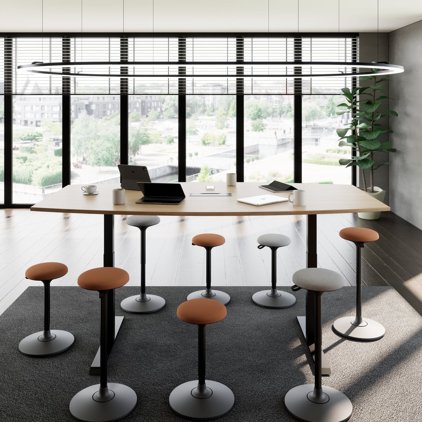 DRIVE 2 motor conference table | Boat shape, 1800 - 2400 mm (6 - 10 people), electrically height adjustable, cable flap optional, amber oak