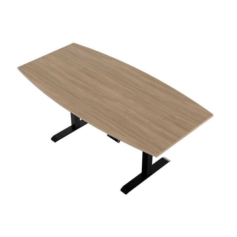 DRIVE 2 motor conference table | Boat shape, 1800 - 2400 mm (6 - 10 people), electrically height adjustable, cable flap optional, amber oak