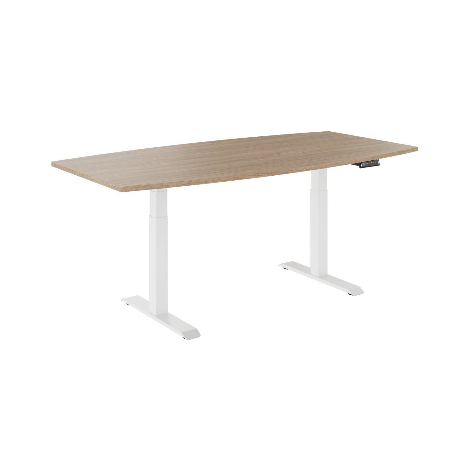 DRIVE 2 motor conference table | Boat shape, 1800 - 2400 mm (6 - 10 people), electrically height adjustable, cable flap optional, amber oak