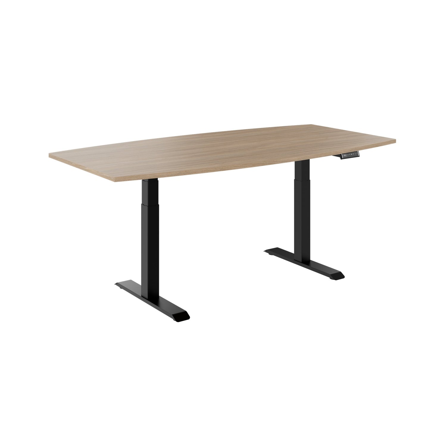 DRIVE 2 motor conference table | Boat shape, 1800 - 2400 mm (6 - 10 people), electrically height adjustable, cable flap optional, amber oak
