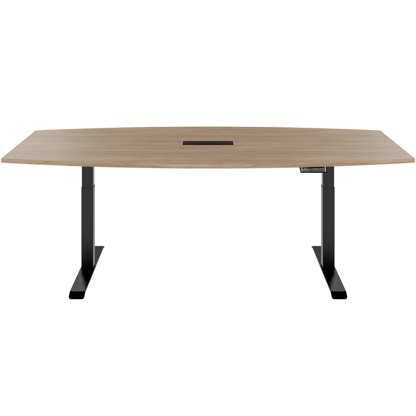 DRIVE 2 motor conference table | Boat shape, 1800 - 2400 mm (6 - 10 people), electrically height adjustable, cable flap optional, amber oak