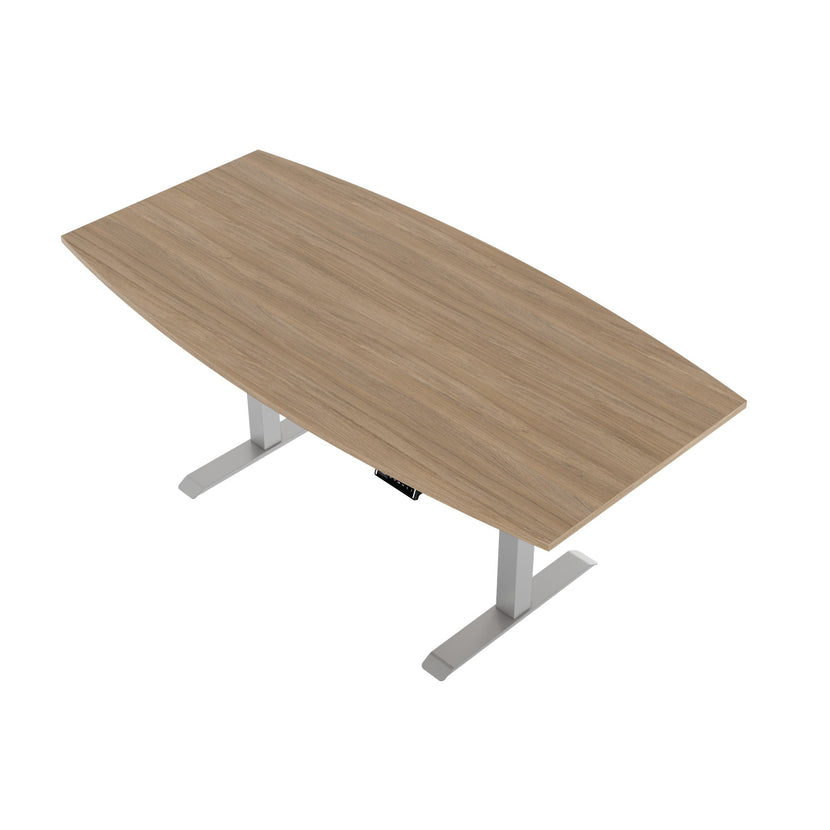 DRIVE 2 motor conference table | Boat shape, 1800 - 2400 mm (6 - 10 people), electrically height adjustable, cable flap optional, amber oak