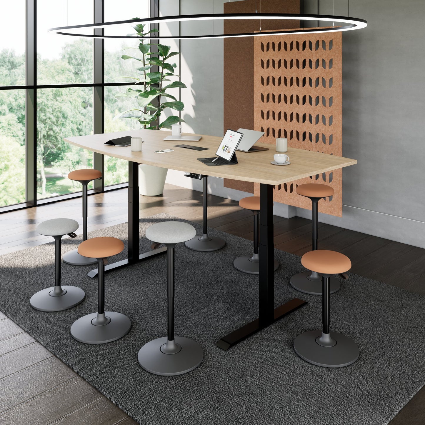 DRIVE 2 motor conference table | Boat shape, 1800 - 2400 mm (6 - 10 people), electrically height adjustable, cable flap optional, amber oak