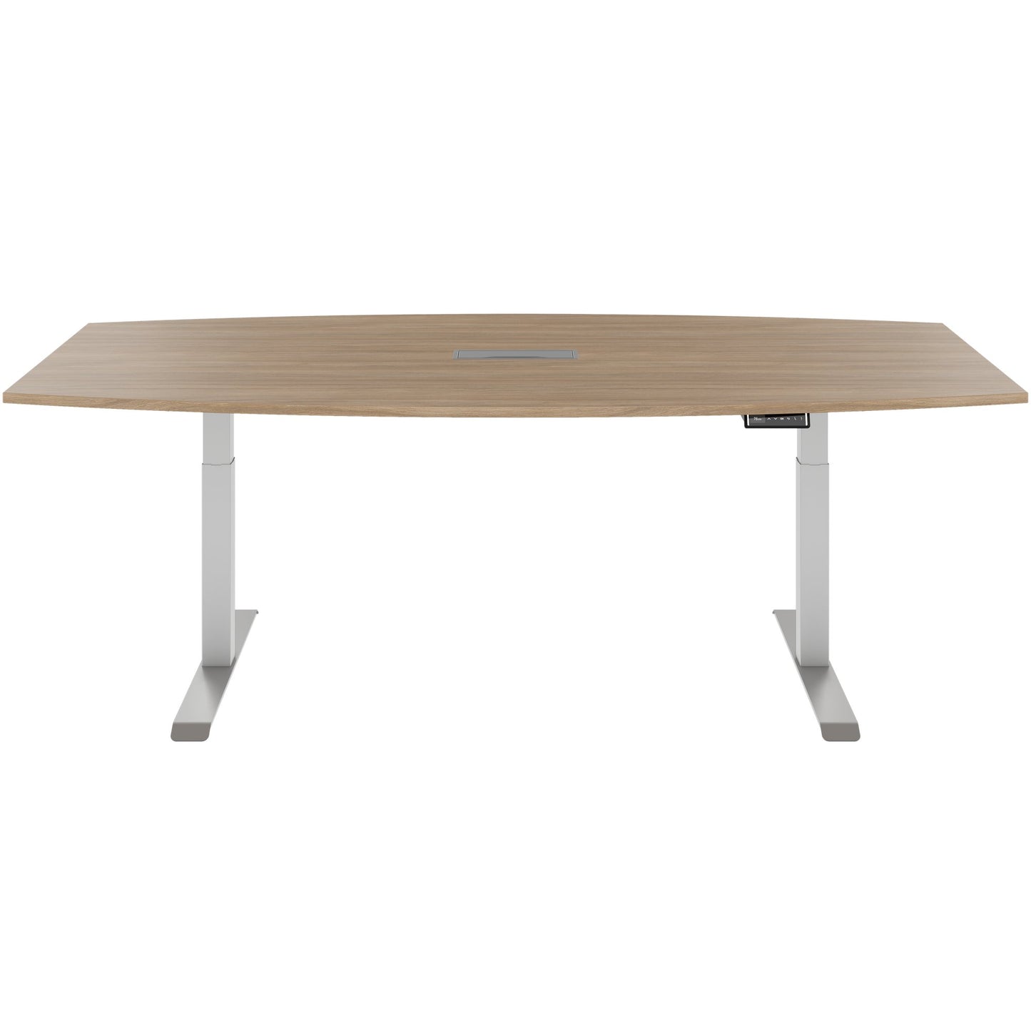 DRIVE 2 motor conference table | Boat shape, 1800 - 2400 mm (6 - 10 people), electrically height adjustable, cable flap optional, amber oak