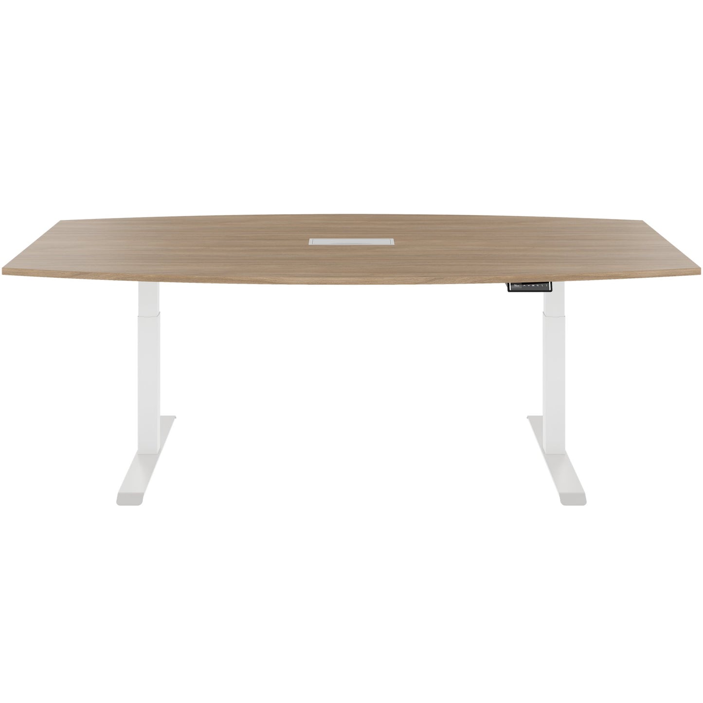 DRIVE 2 motor conference table | Boat shape, 1800 - 2400 mm (6 - 10 people), electrically height adjustable, cable flap optional, amber oak