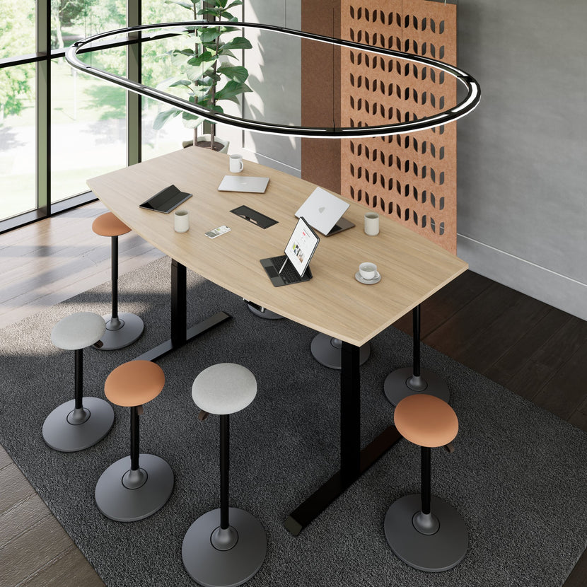 DRIVE 2 motor conference table | Boat shape, 1800 - 2400 mm (6 - 10 people), electrically height adjustable, cable flap optional, amber oak