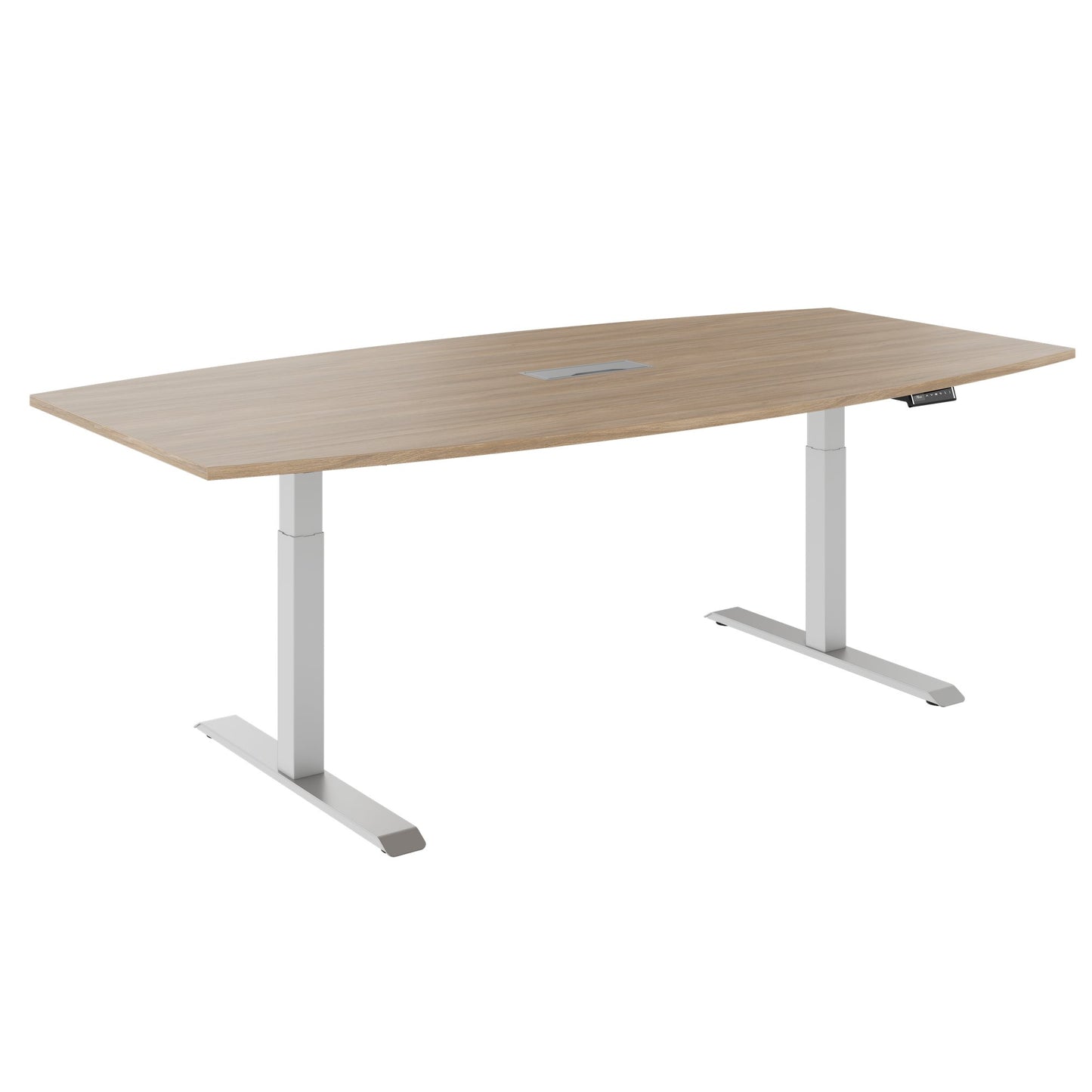 DRIVE 2 motor conference table | Boat shape, 1800 - 2400 mm (6 - 10 people), electrically height adjustable, cable flap optional, amber oak