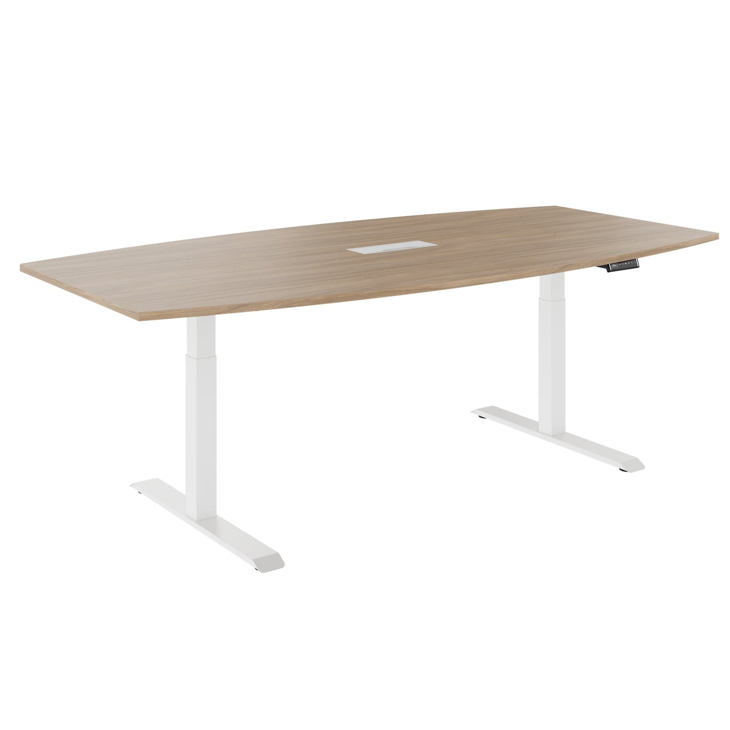 DRIVE 2 motor conference table | Boat shape, 1800 - 2400 mm (6 - 10 people), electrically height adjustable, cable flap optional, amber oak