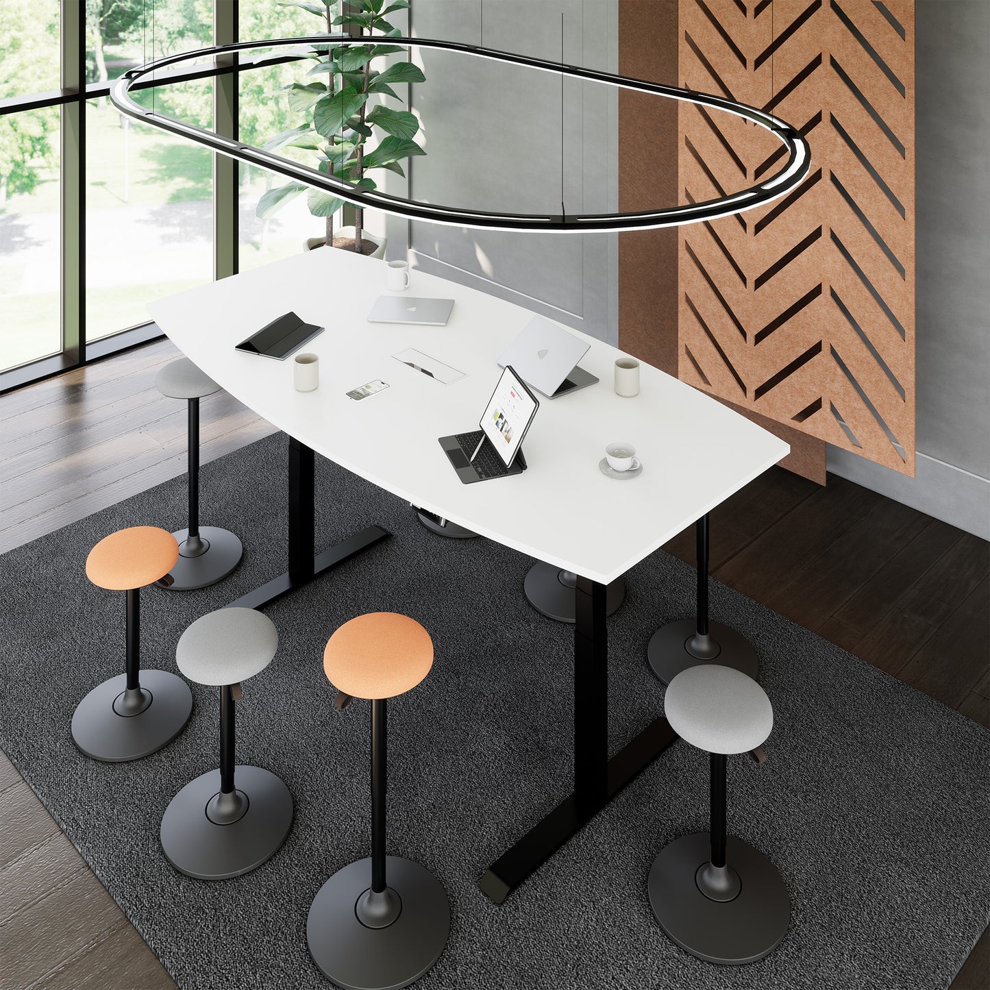 DRIVE 2 motor conference table | Boat shape, 1800 - 2400 mm (6 - 10 people), electrically height adjustable, cable flap optional, white