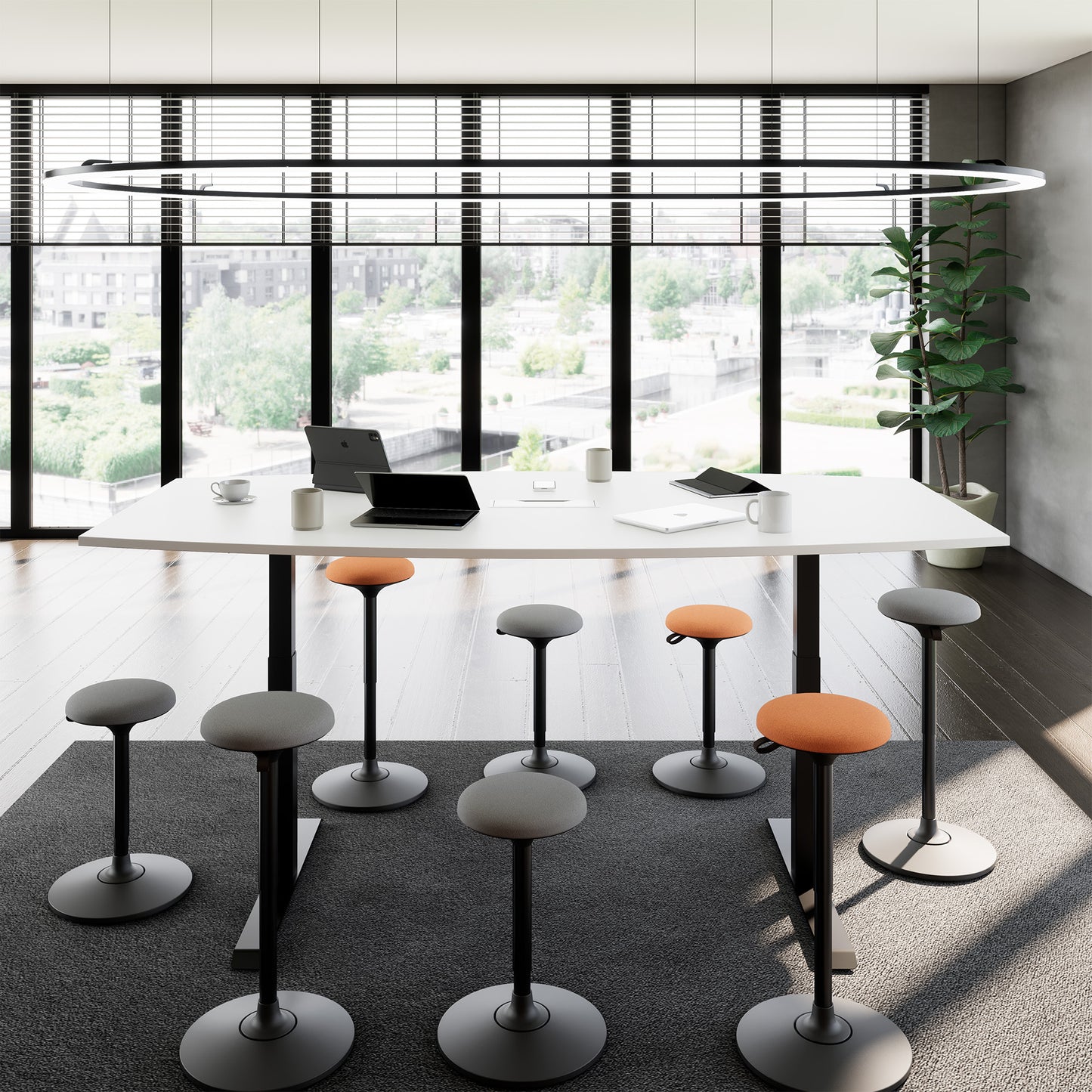 DRIVE 2 motor conference table | Boat shape, 1800 - 2400 mm (6 - 10 people), electrically height adjustable, cable flap optional, white