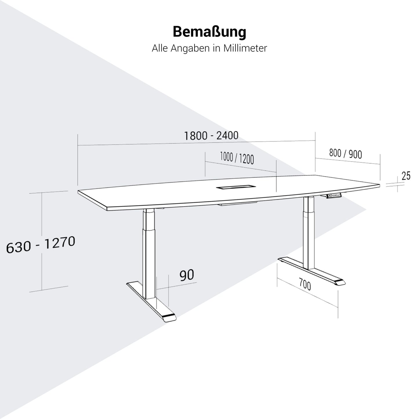 DRIVE 2 motor conference table | Boat shape, 1800 - 2400 mm (6 - 10 people), electrically height adjustable, cable flap optional, white