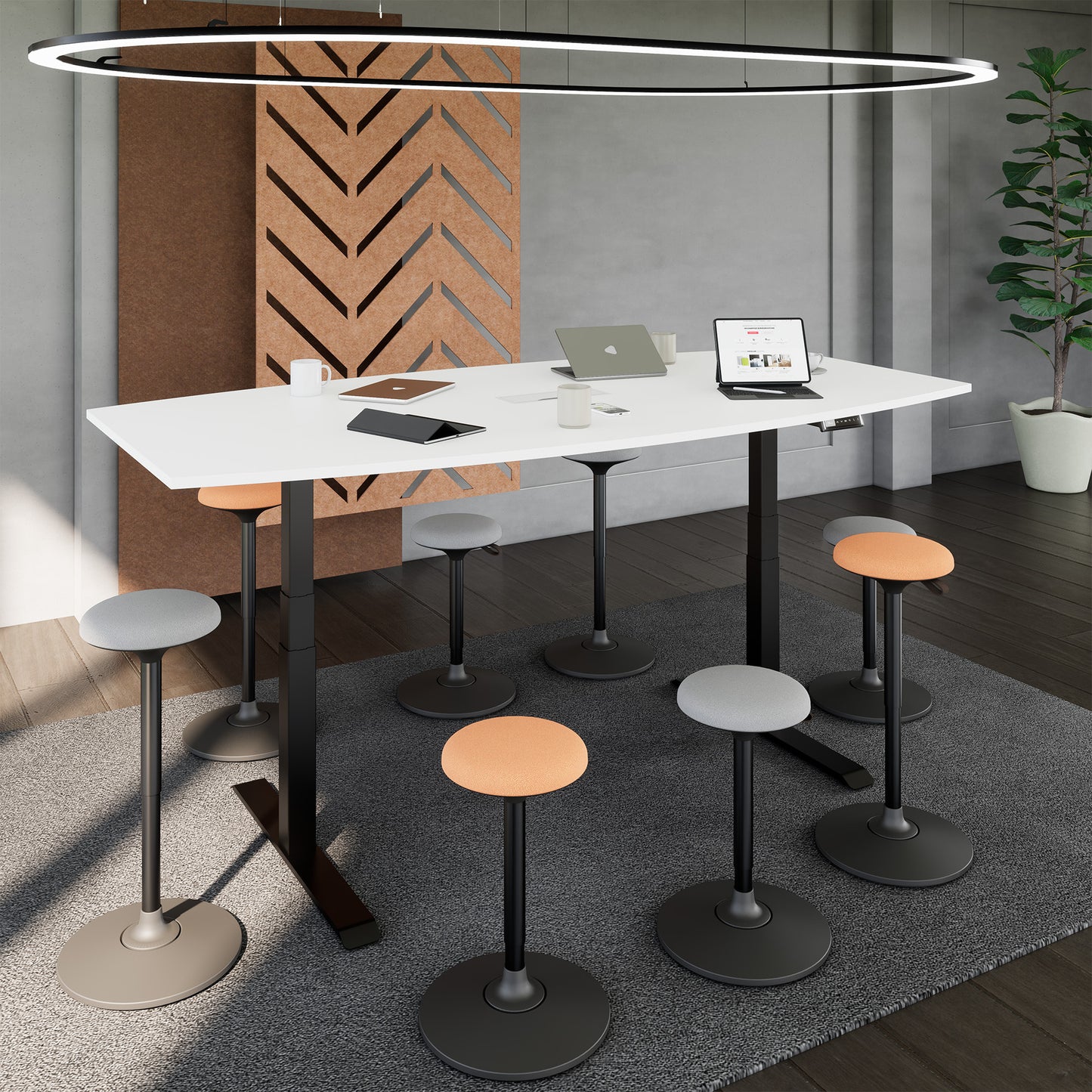 DRIVE 2 motor conference table | Boat shape, 1800 - 2400 mm (6 - 10 people), electrically height adjustable, cable flap optional, white