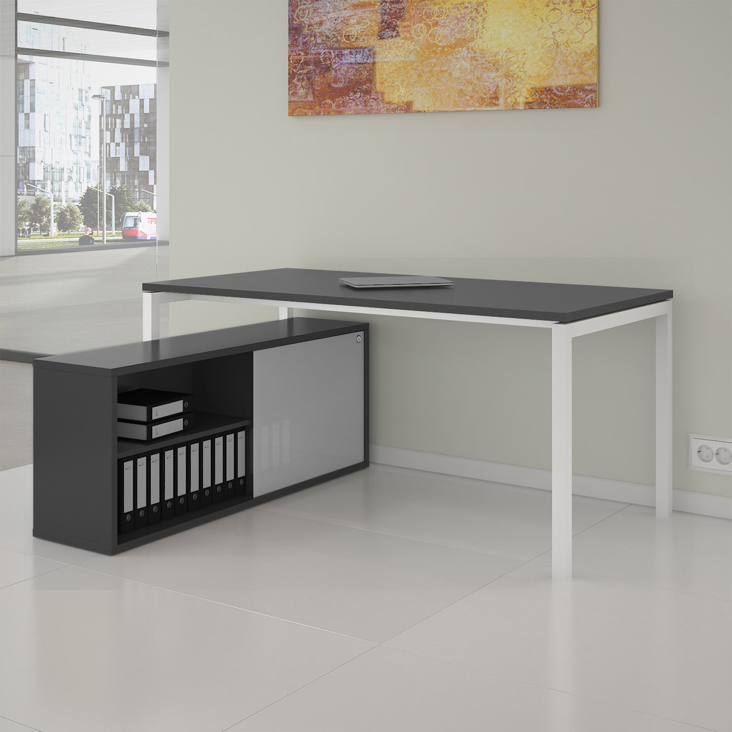 NOVA U Chefschreibtisch mit Lowboard | 2000 x 1382 mm, Anthrazit