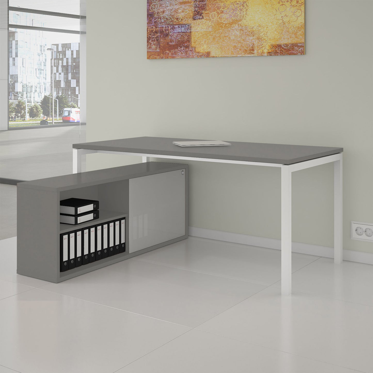 NOVA U Chefschreibtisch mit Lowboard | 2000 x 1382 mm, Cubanitgrau