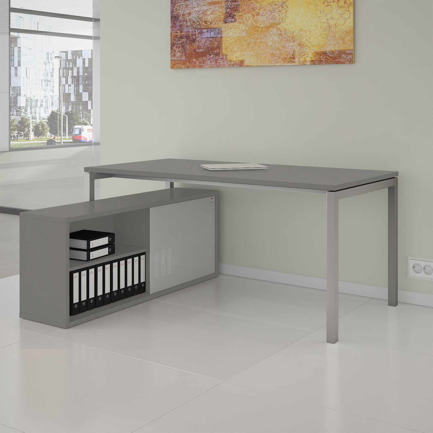 NOVA U Chefschreibtisch mit Lowboard | 2000 x 1382 mm, Cubanitgrau