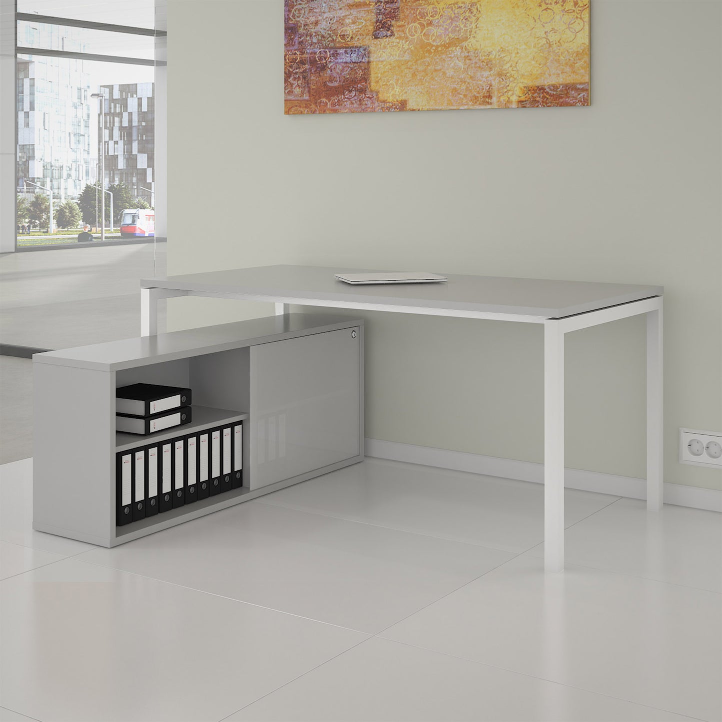 NOVA U Chefschreibtisch mit Lowboard | 2000 x 1382 mm, Perlgrau
