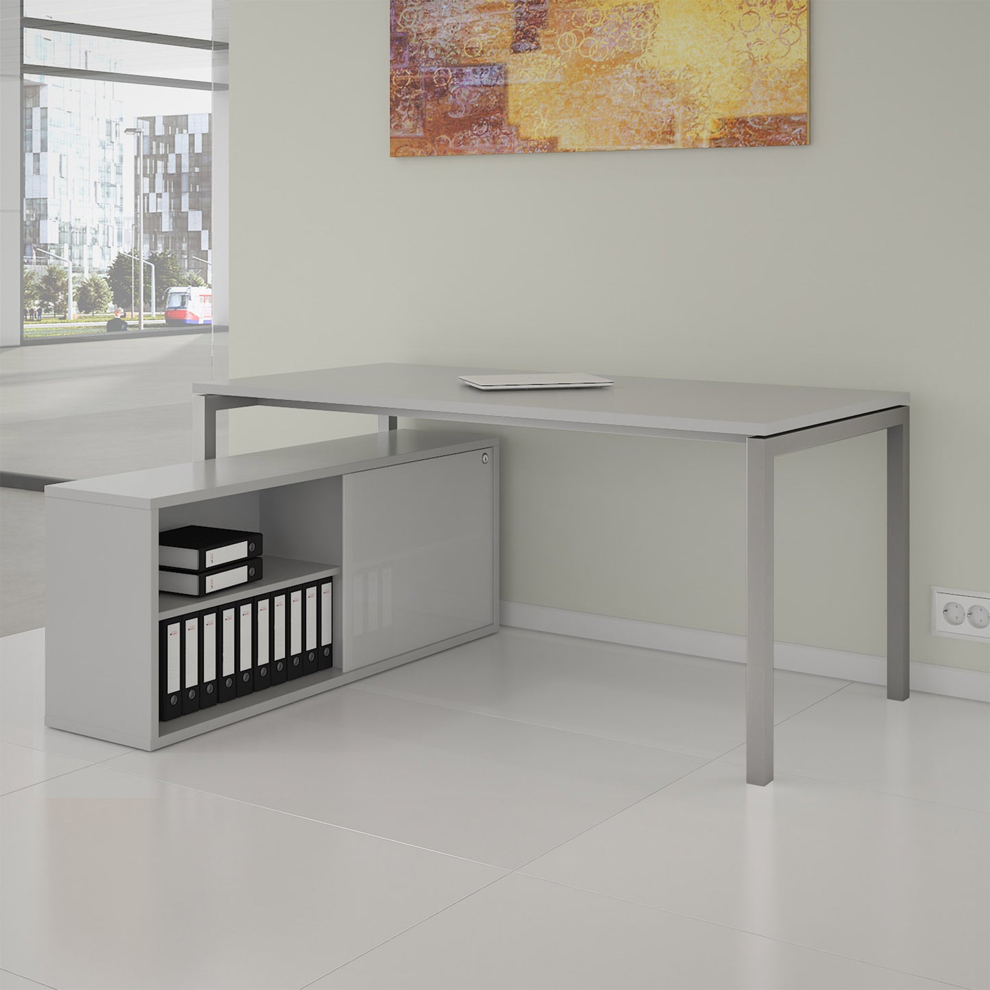 NOVA U Chefschreibtisch mit Lowboard | 2000 x 1382 mm, Perlgrau