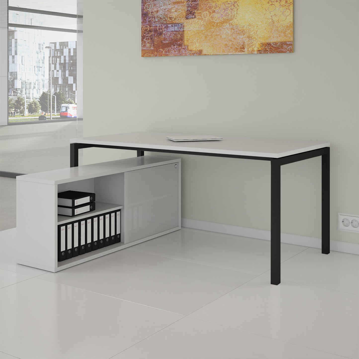 NOVA U Chefschreibtisch mit Lowboard | 2000 x 1382 mm, Weiß