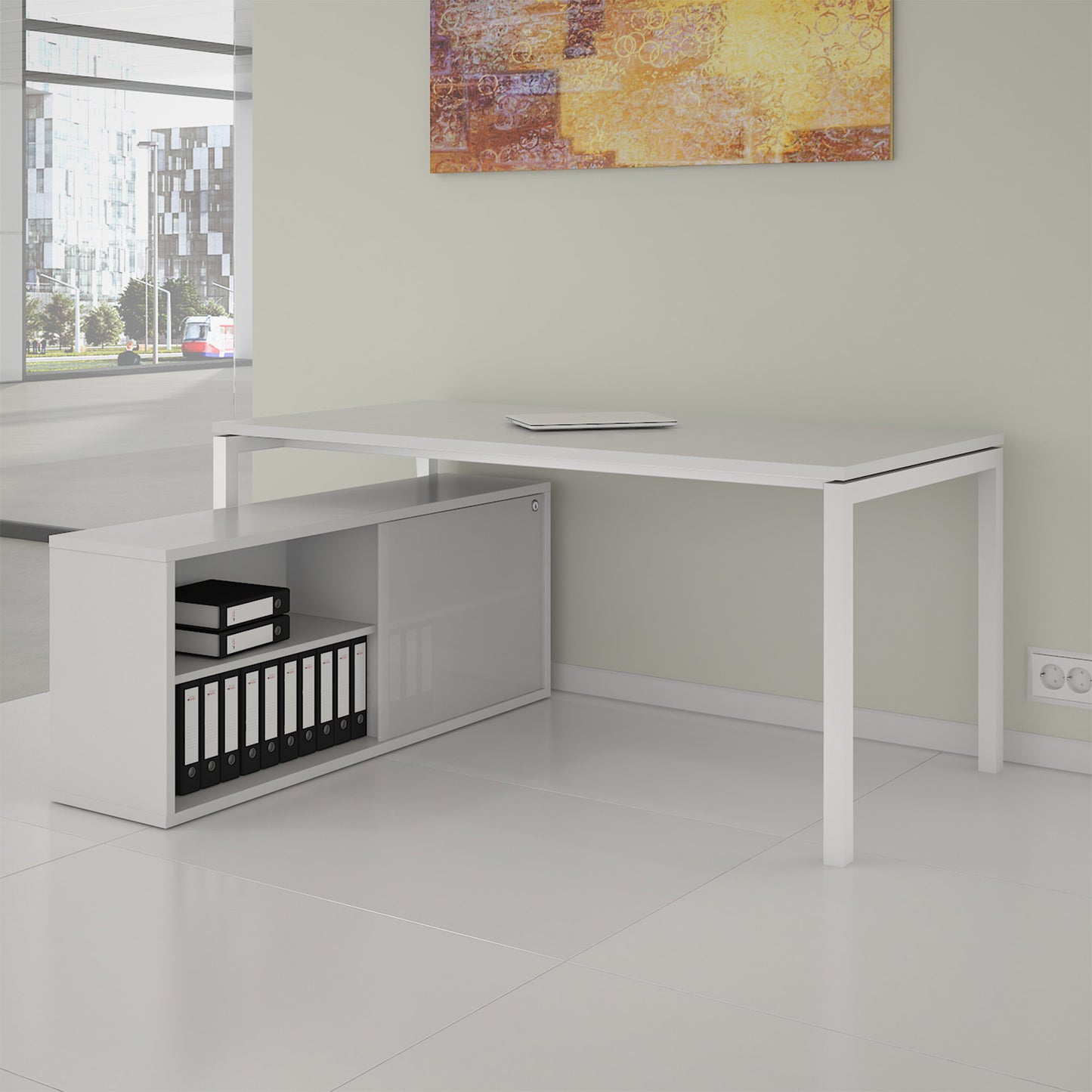 NOVA U Chefschreibtisch mit Lowboard | 2000 x 1382 mm, Weiß