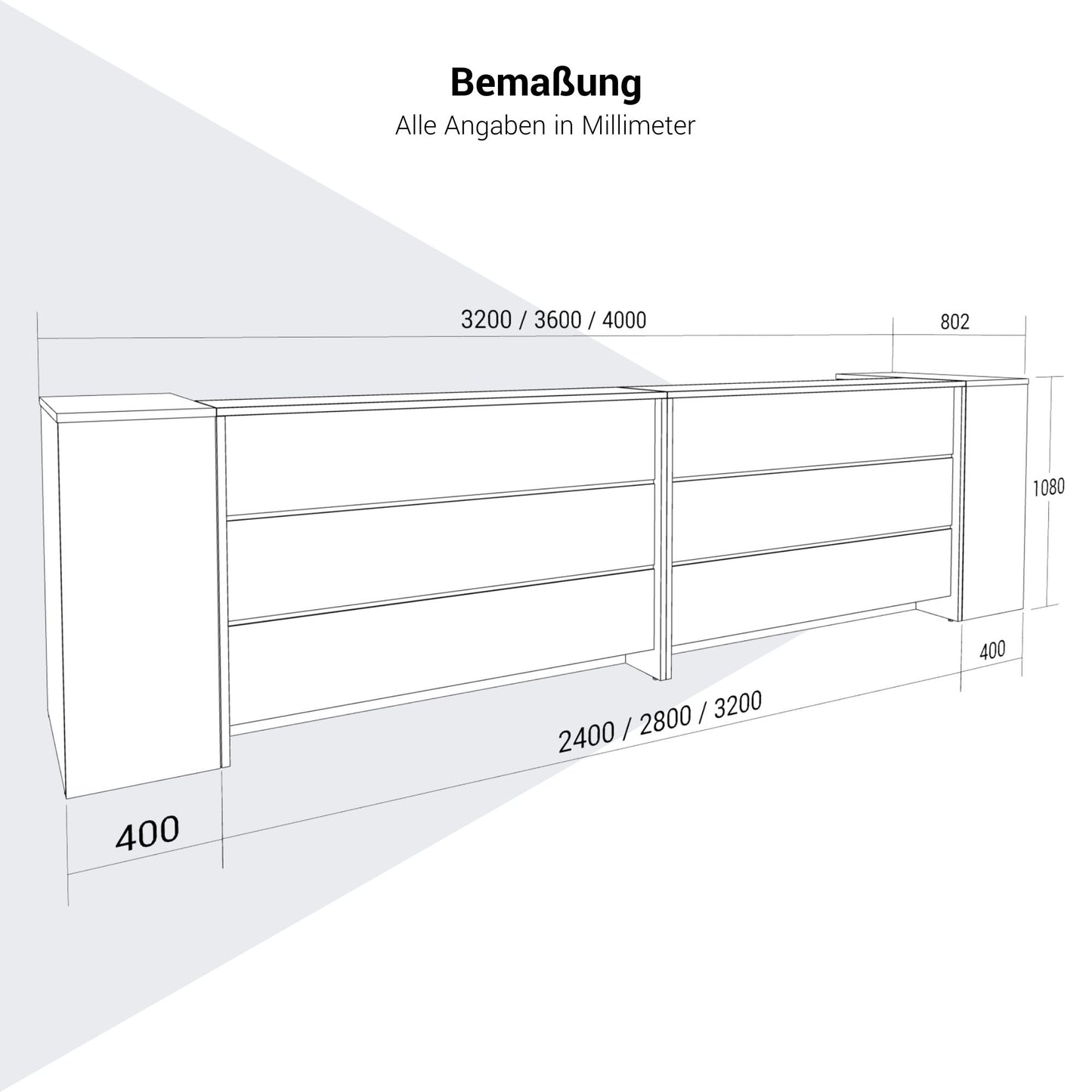 NOVUM Empfangstheke | 3200 - 4000 mm, Multicolor-LED-Beleuchtung, Anthrazit