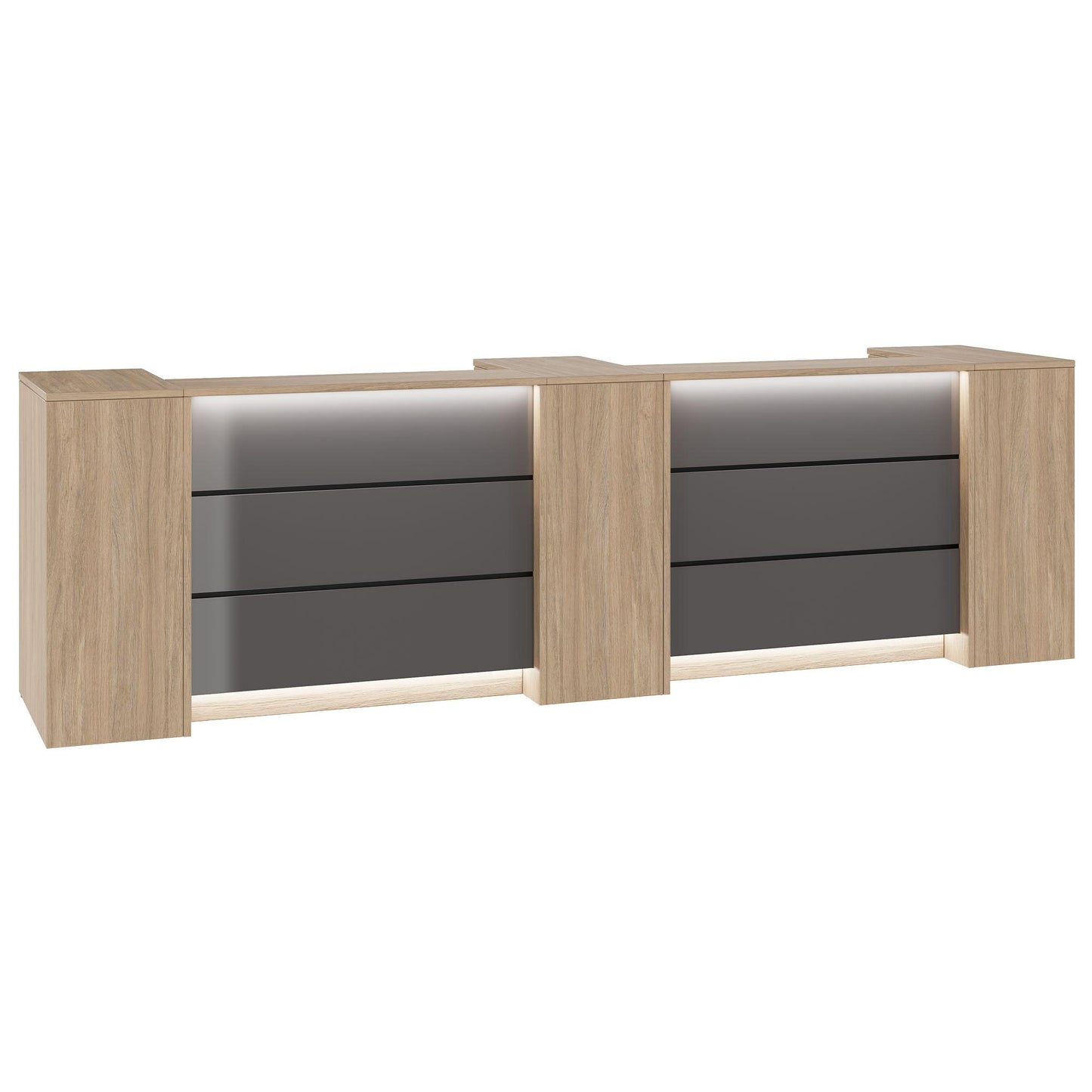 Novum reception counter | 3600-4400 mm, multicolor LED lighting, amber oak