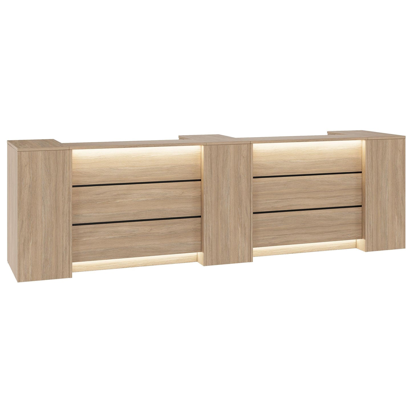 Novum reception counter | 3600-4400 mm, multicolor LED lighting, amber oak