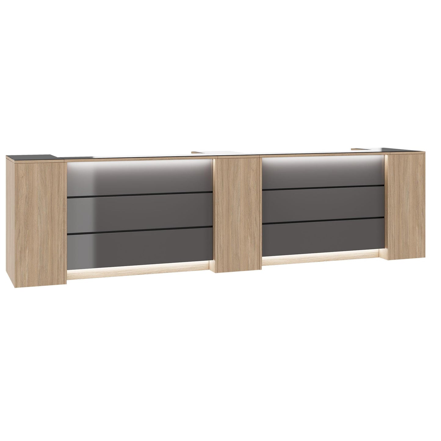 Novum reception counter | 3600-4400 mm, multicolor LED lighting, amber oak