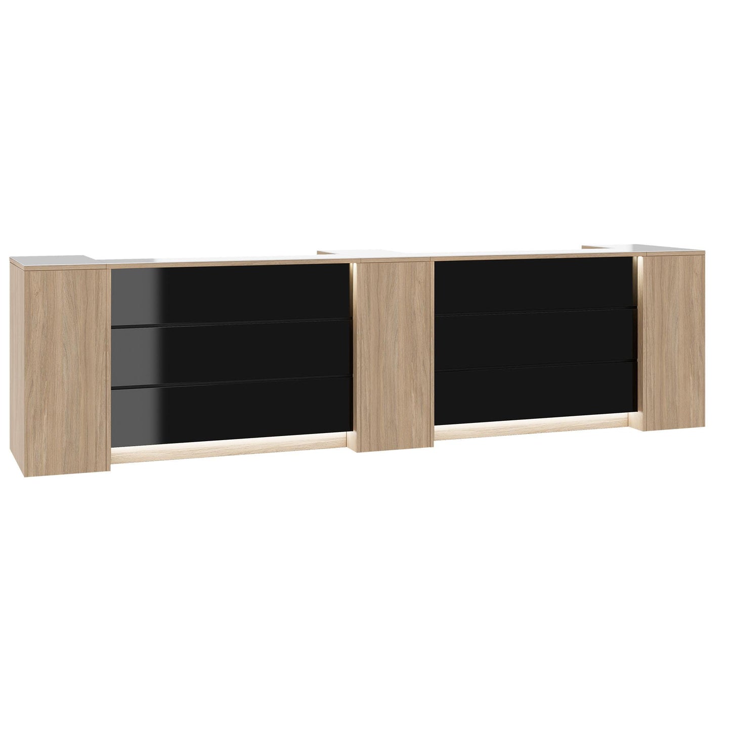 Novum reception counter | 3600-4400 mm, multicolor LED lighting, amber oak