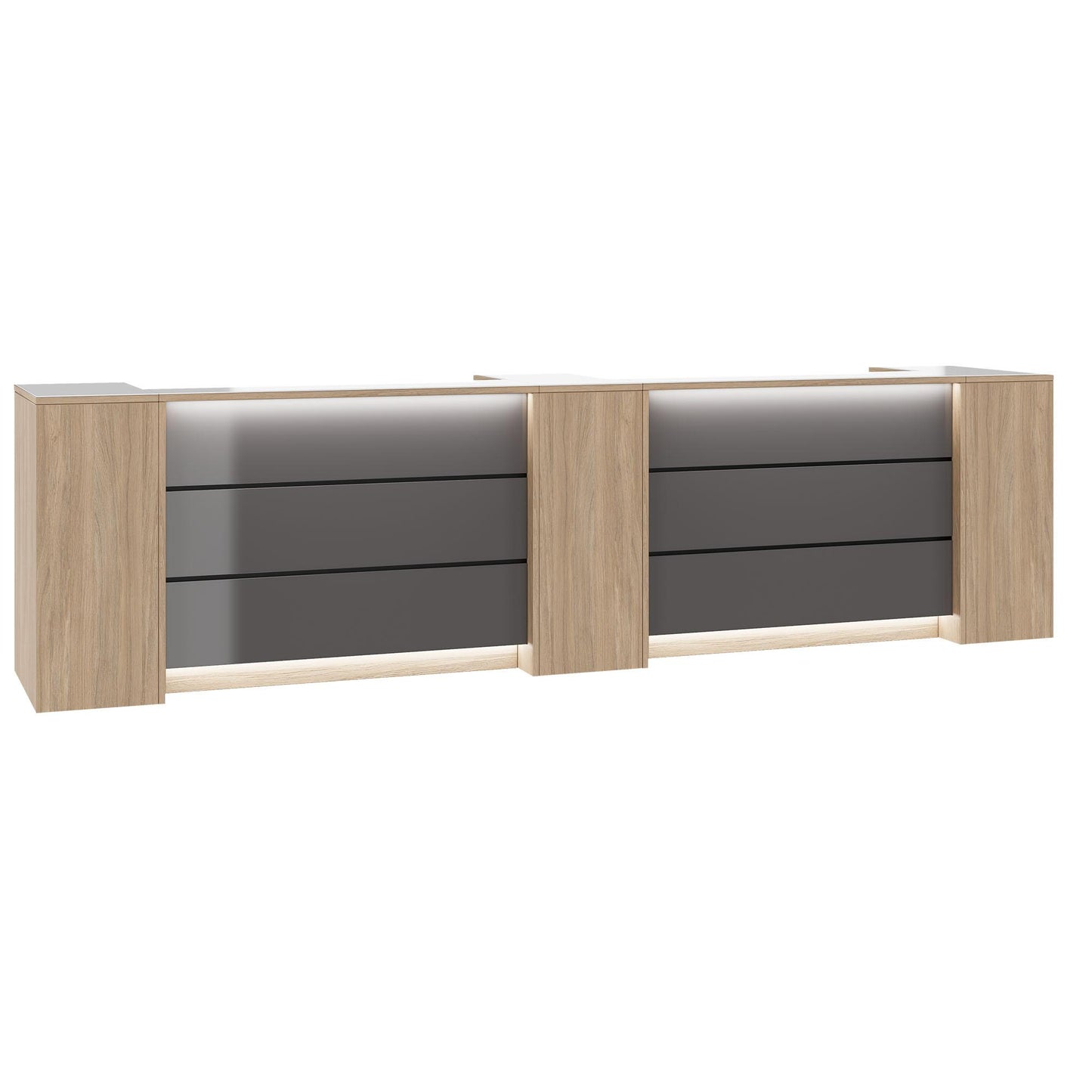 Novum reception counter | 3600-4400 mm, multicolor LED lighting, amber oak