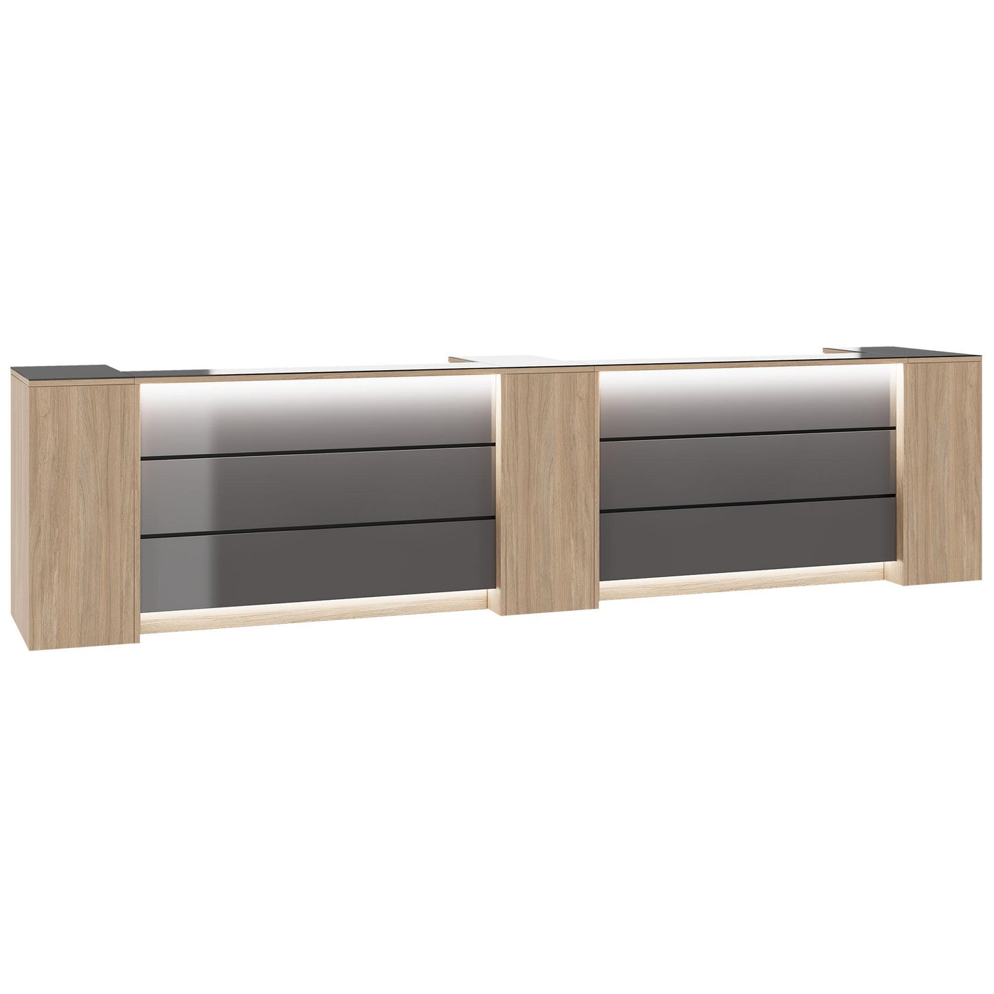 Novum reception counter | 3600-4400 mm, multicolor LED lighting, amber oak